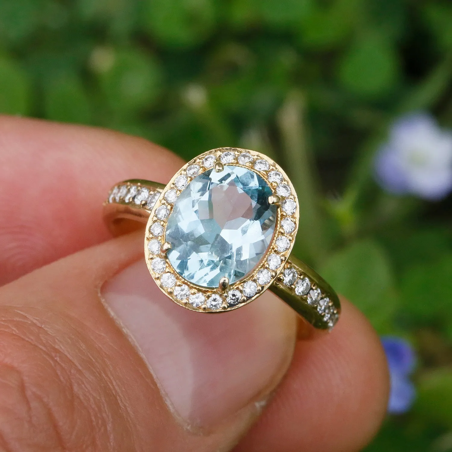 Erica Courtney Aquamarine Halo Eternity Ring with Diamonds 18K