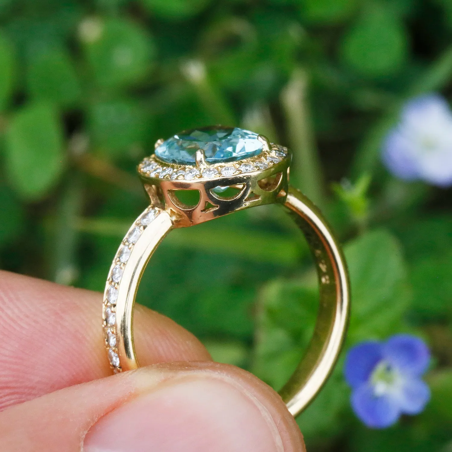 Erica Courtney Aquamarine Halo Eternity Ring with Diamonds 18K
