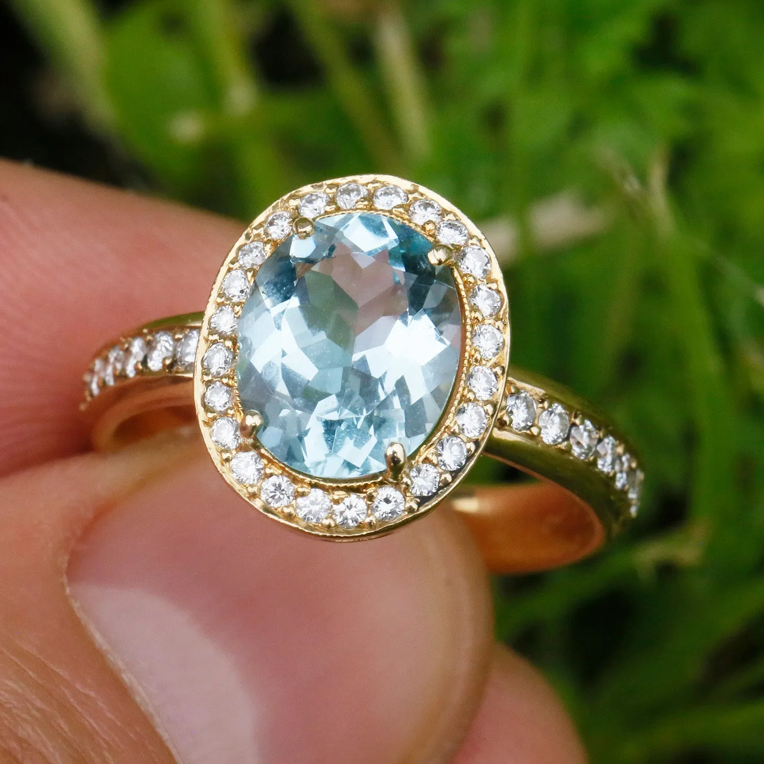 Erica Courtney Aquamarine Halo Eternity Ring with Diamonds 18K