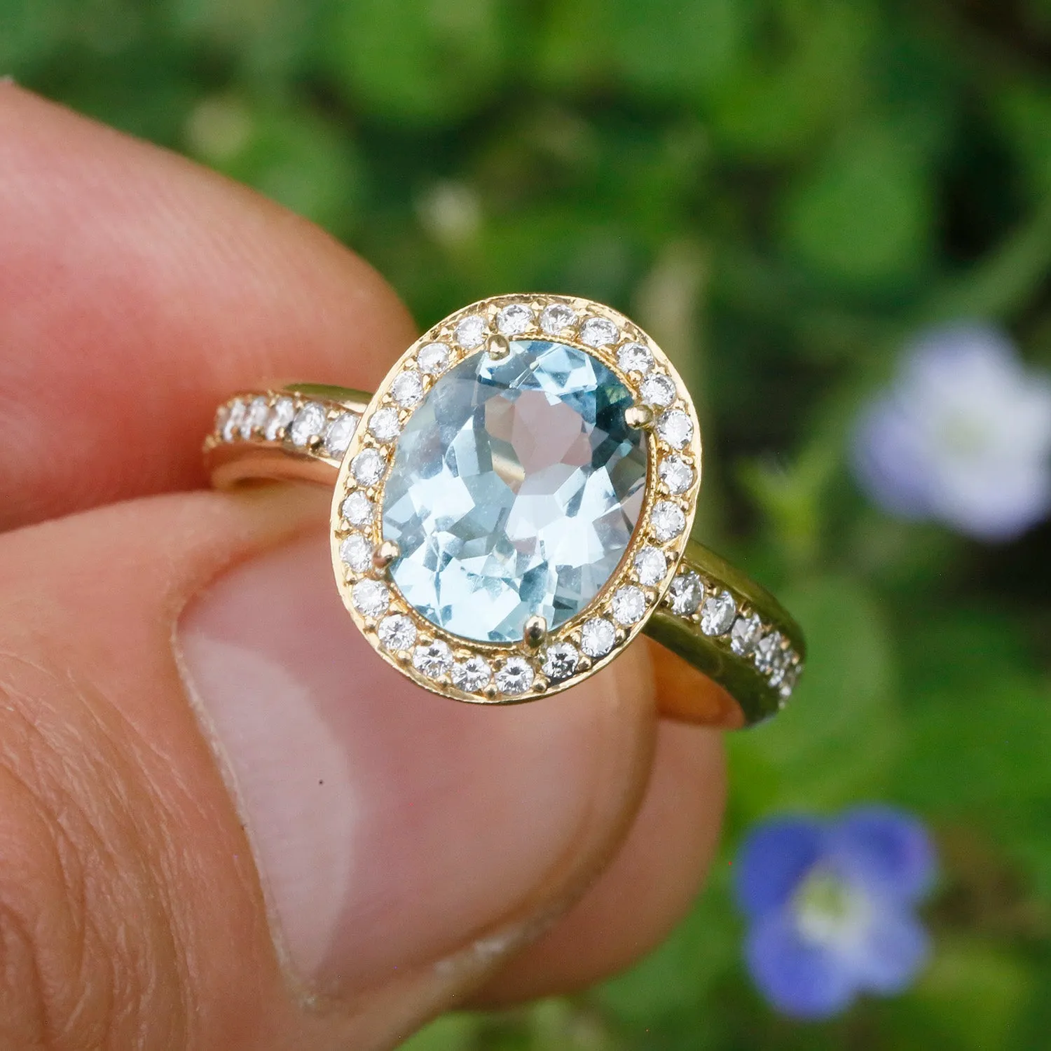 Erica Courtney Aquamarine Halo Eternity Ring with Diamonds 18K