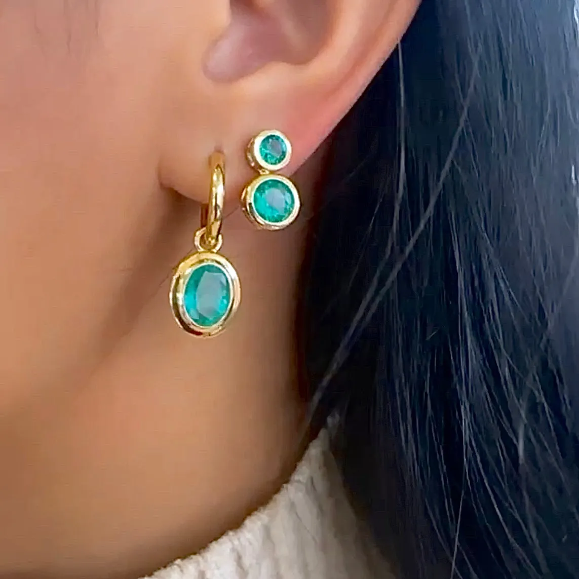 Faceted Oval Emerald Hoop Earring, Small