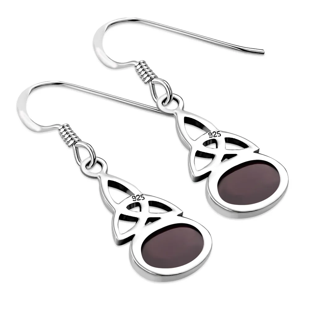 Garnet Stone Celtic Trinity Knot Silver Earrings
