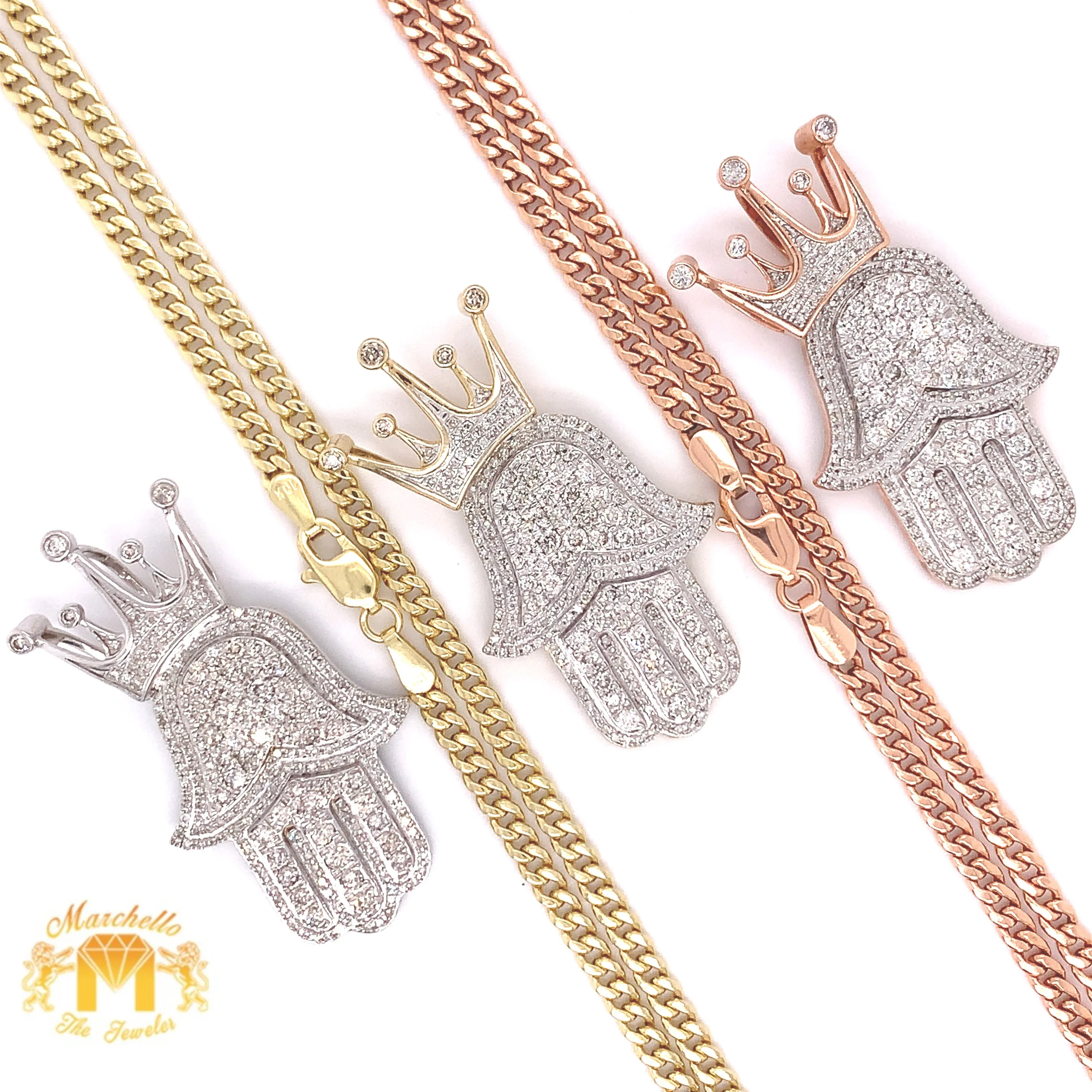 Gold and Diamond Royal Hamsa Pendant and Cuban Link Chain Set