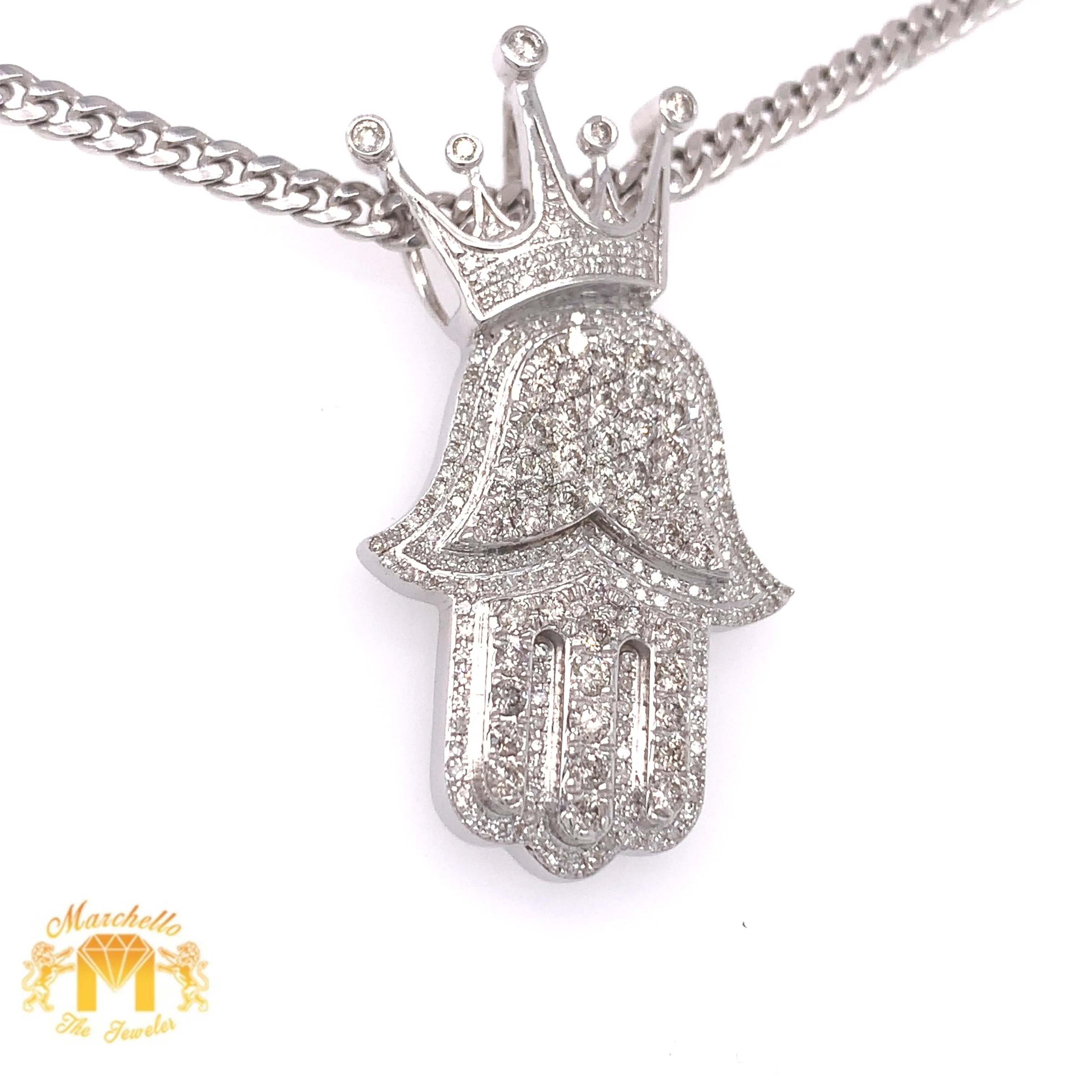 Gold and Diamond Royal Hamsa Pendant and Cuban Link Chain Set