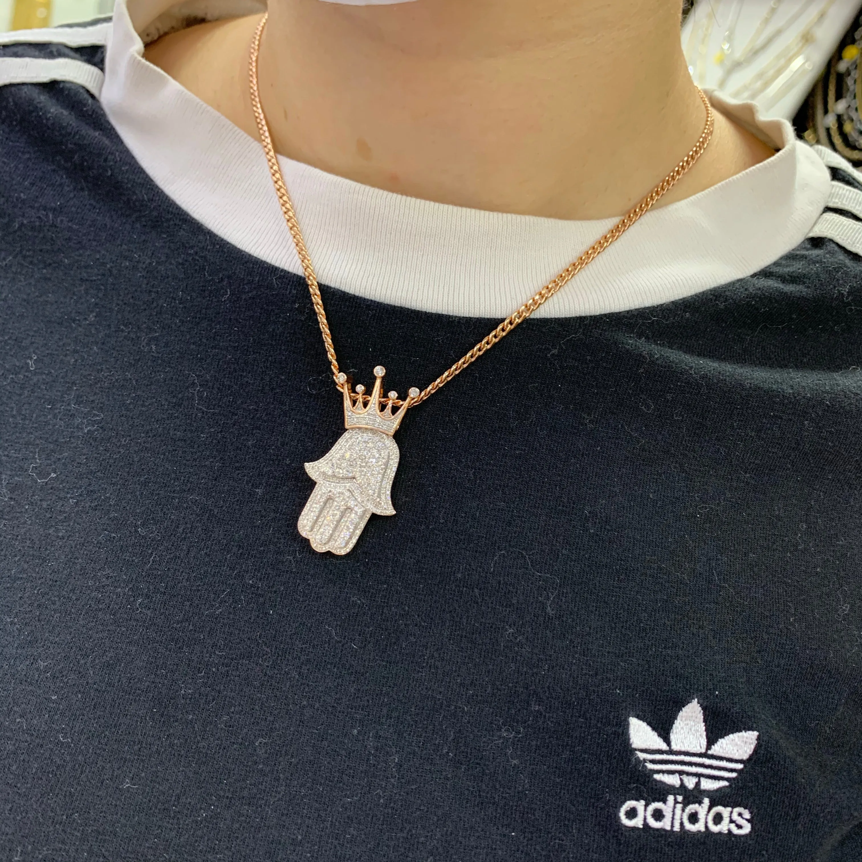 Gold and Diamond Royal Hamsa Pendant and Cuban Link Chain Set