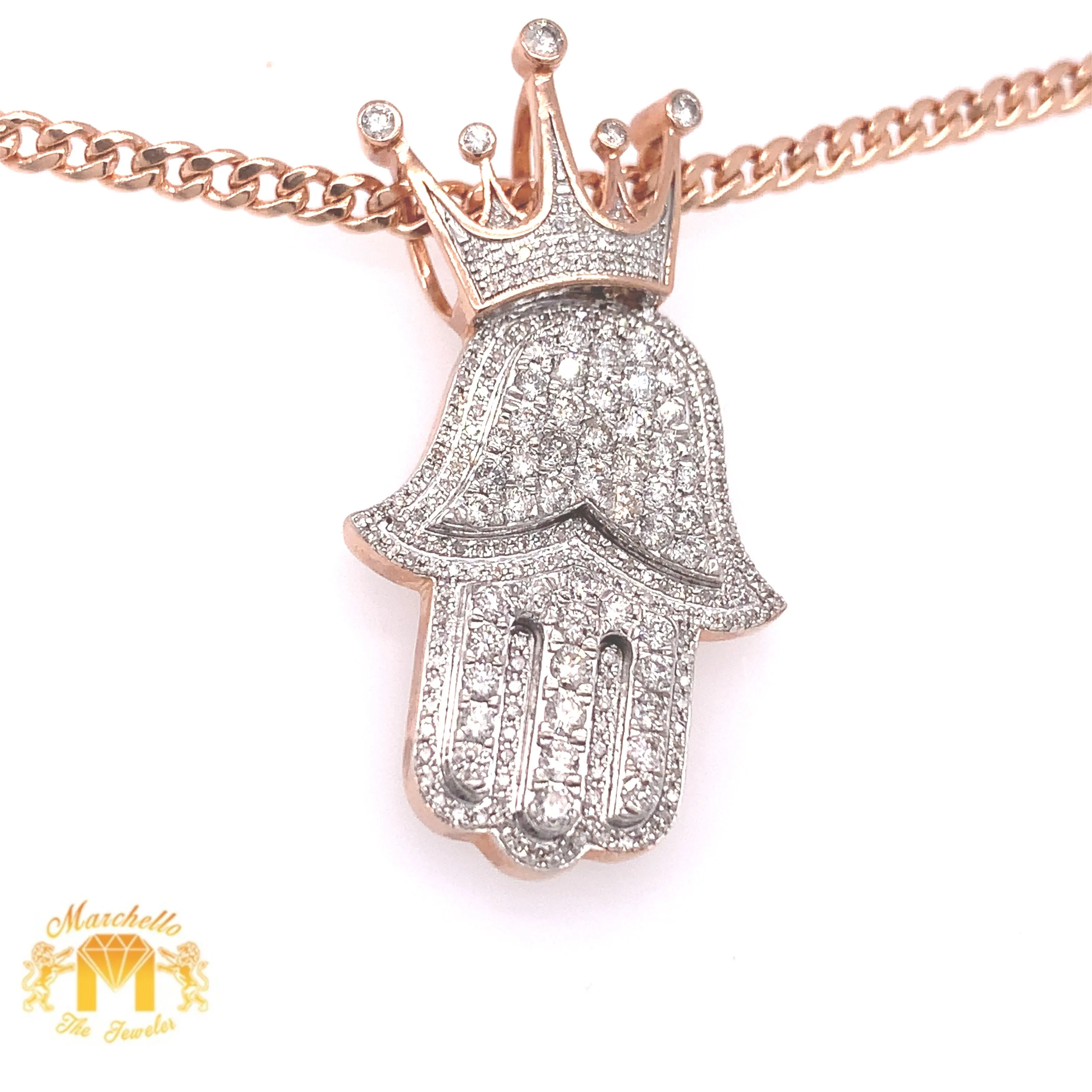 Gold and Diamond Royal Hamsa Pendant and Cuban Link Chain Set