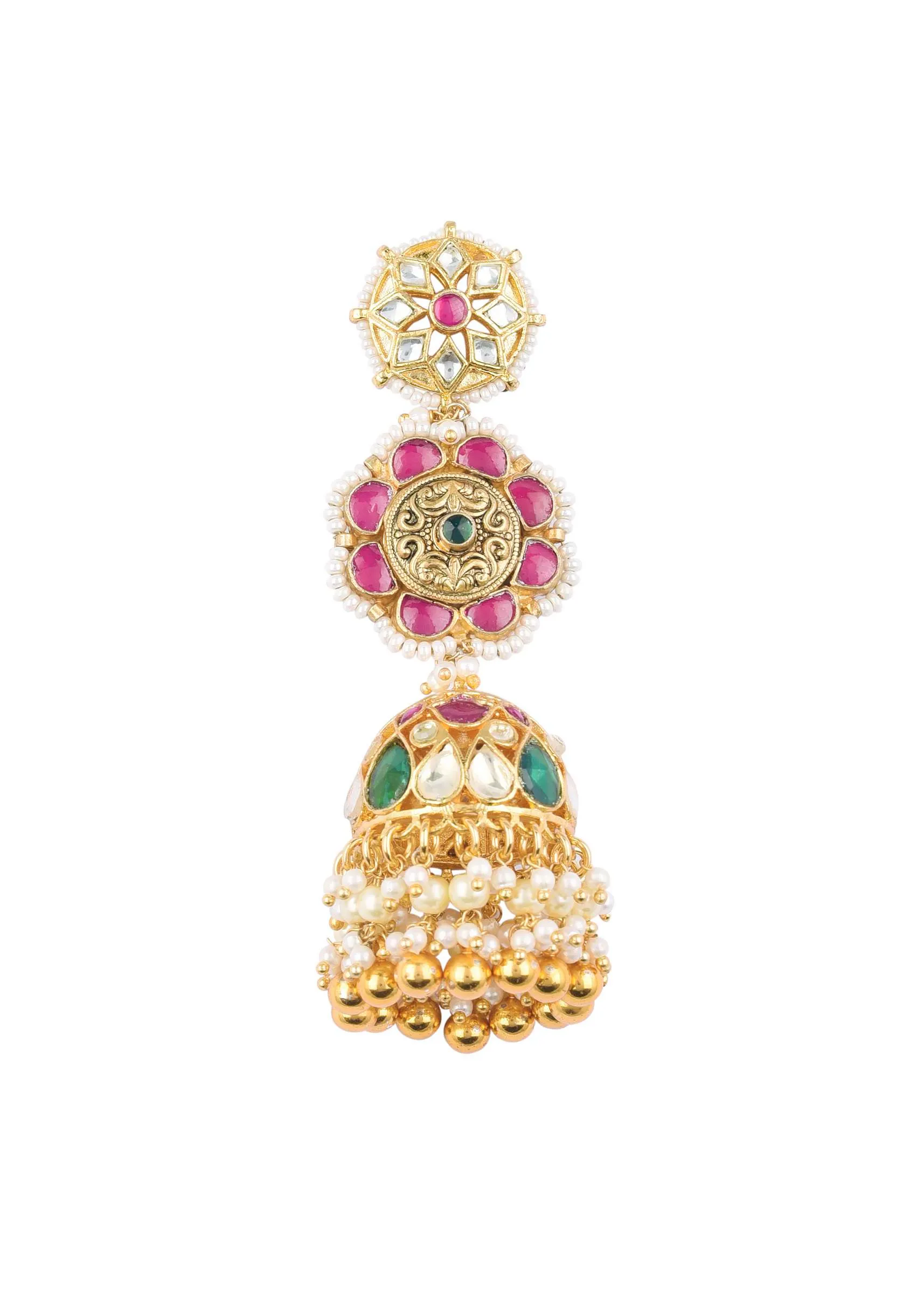 Gold Finish Kundan Earrings With Beads And Green-Red Stones