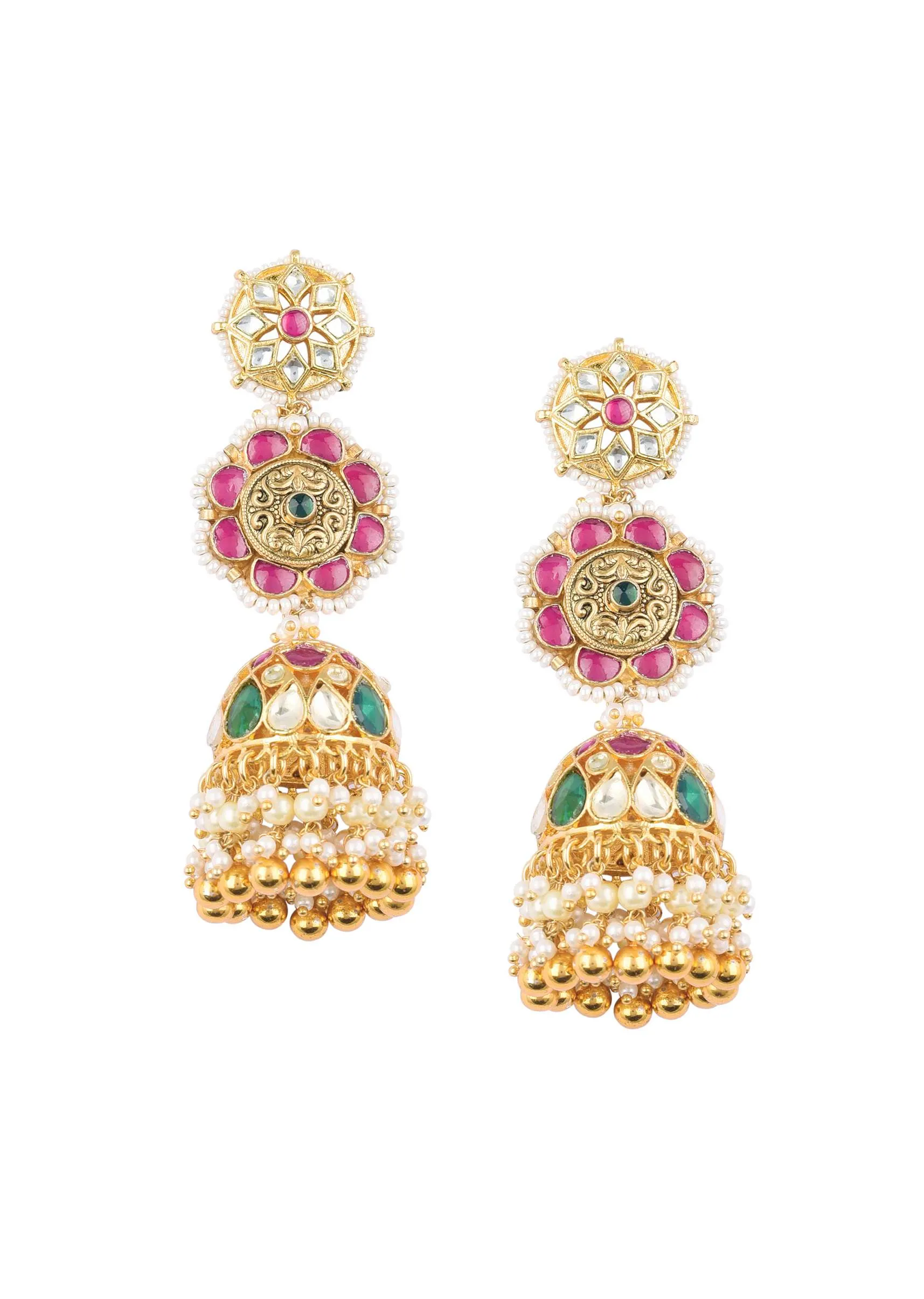 Gold Finish Kundan Earrings With Beads And Green-Red Stones