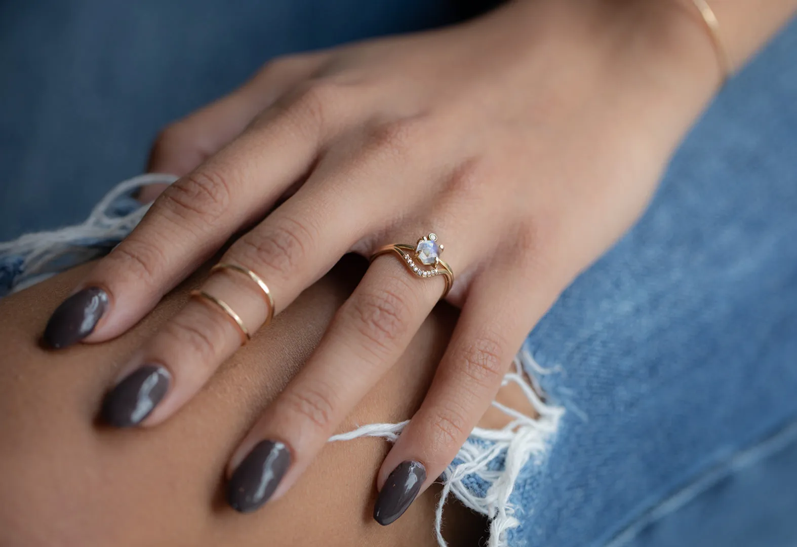 Hexagon Moonstone   Diamond Ring