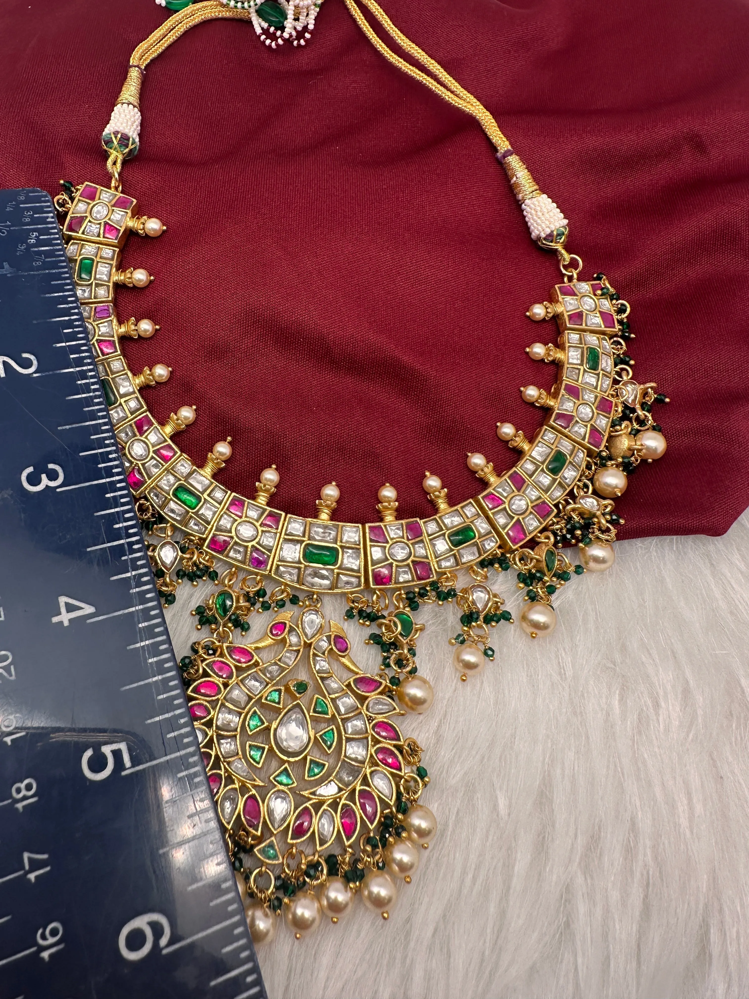 Jadau Kundan Multi Color Neckline Necklace with Emerald Beads