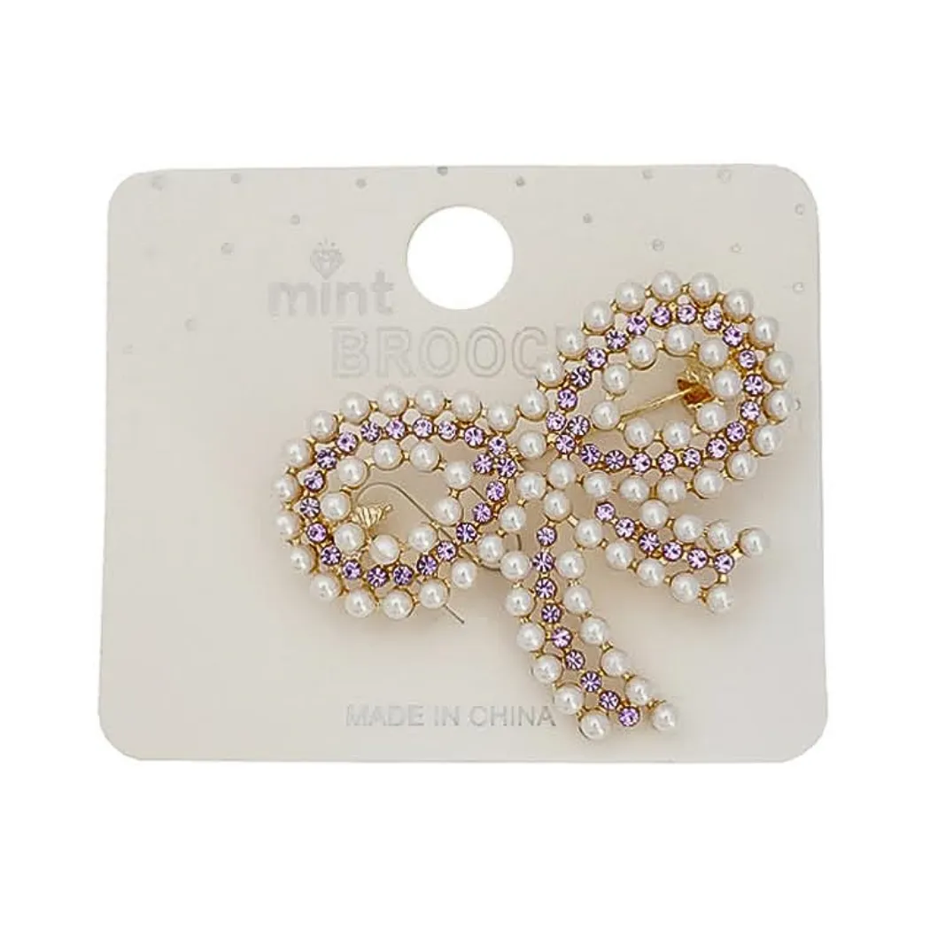 JAH48468-Rhinestone & Pearl Bow Brooch