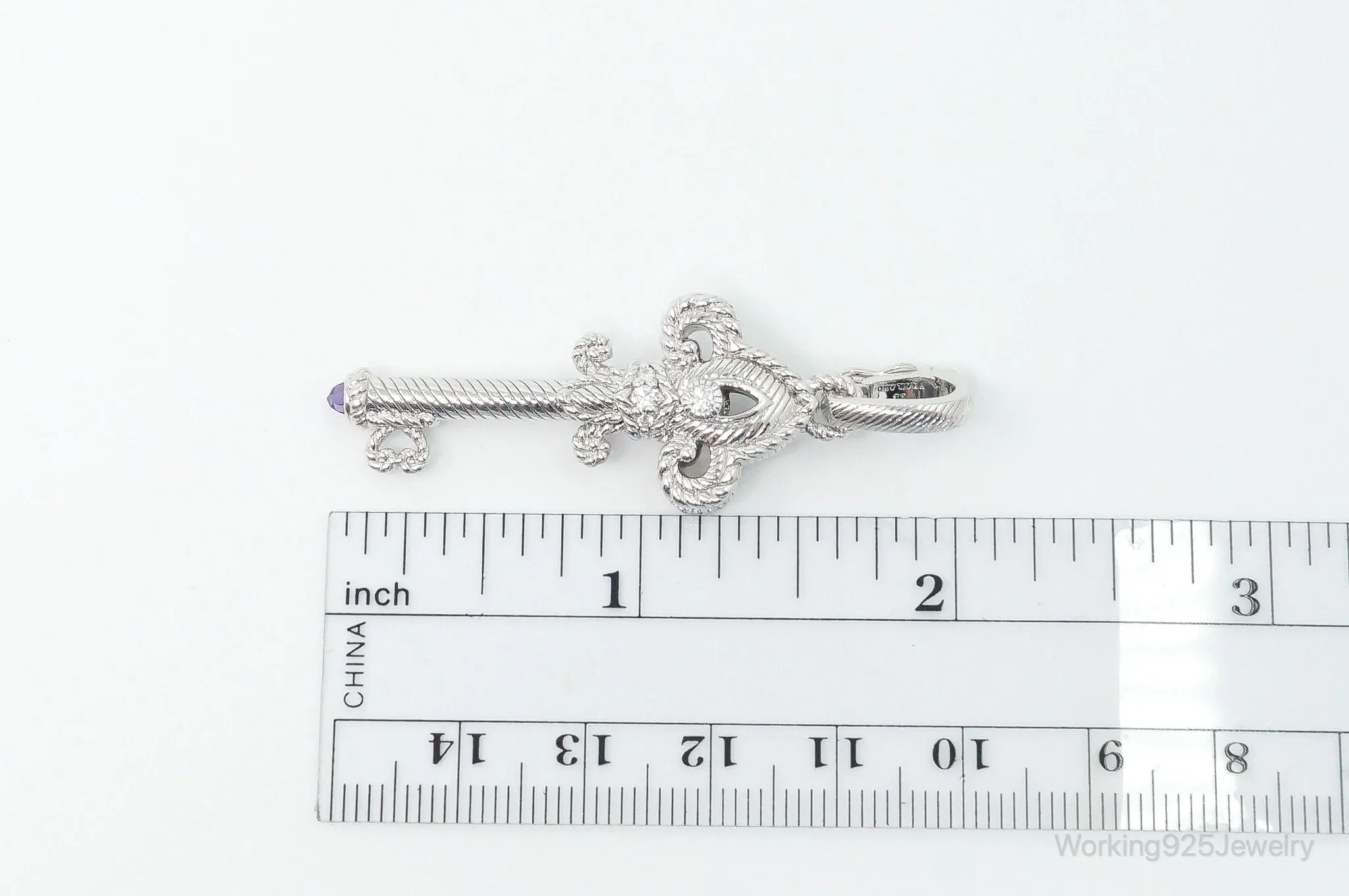 Large Judith Ripka Cubic Zirconia Amethyst Sterling Silver Cable Key Pendant