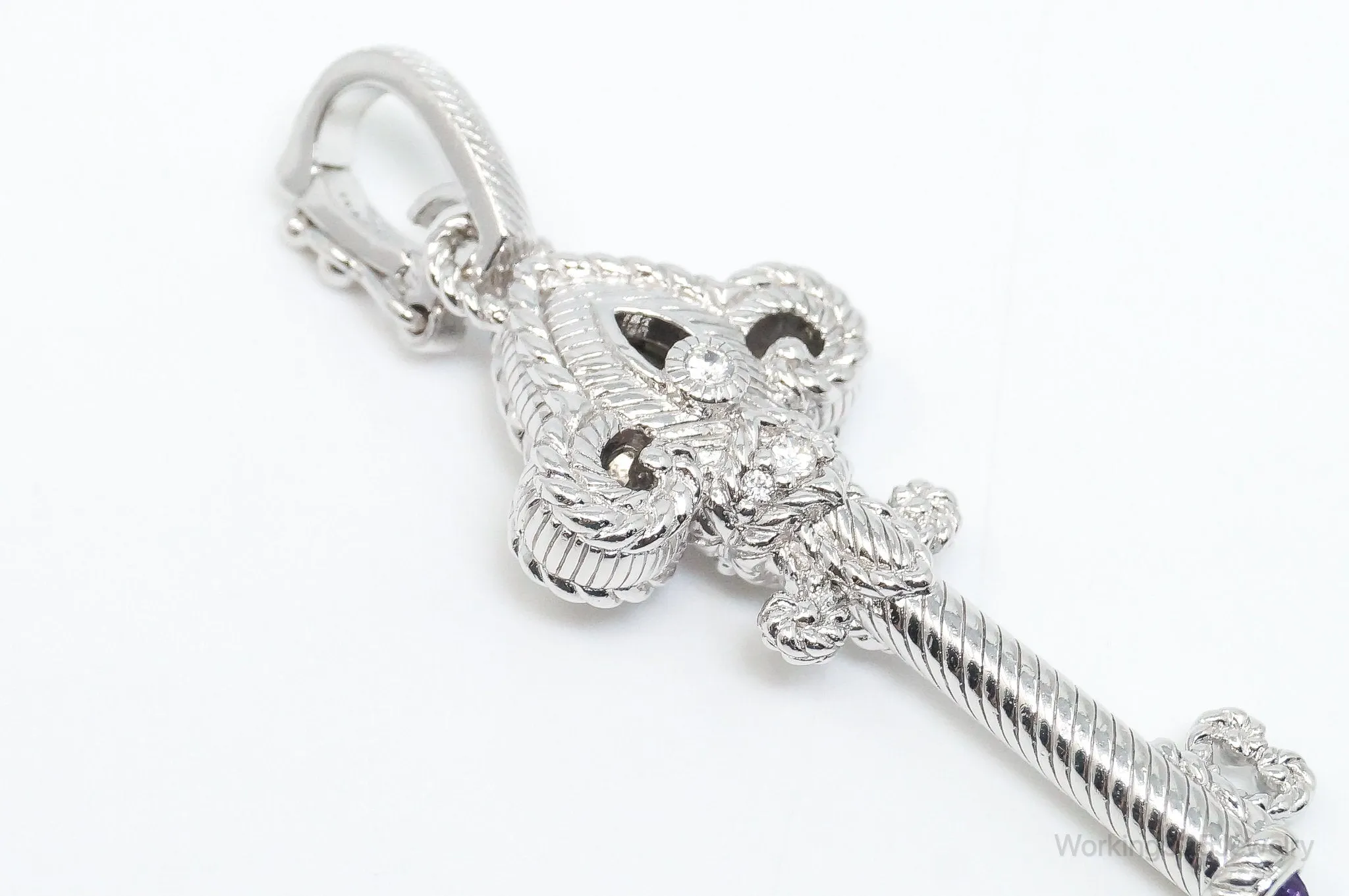 Large Judith Ripka Cubic Zirconia Amethyst Sterling Silver Cable Key Pendant