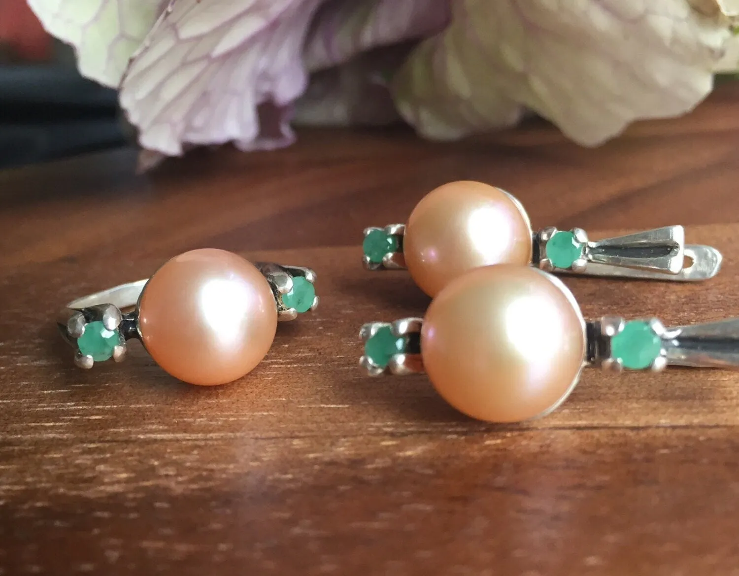 Large Pearl Ring - Natural Emerald Ring - Vintage Cocktail Ring