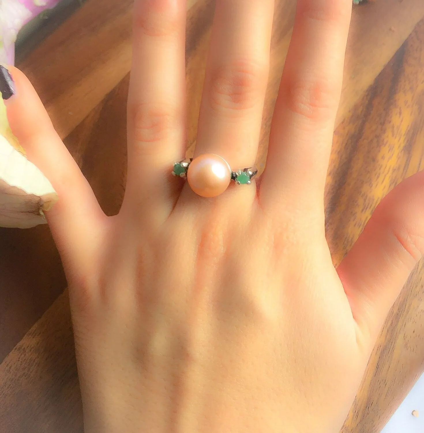 Large Pearl Ring - Natural Emerald Ring - Vintage Cocktail Ring