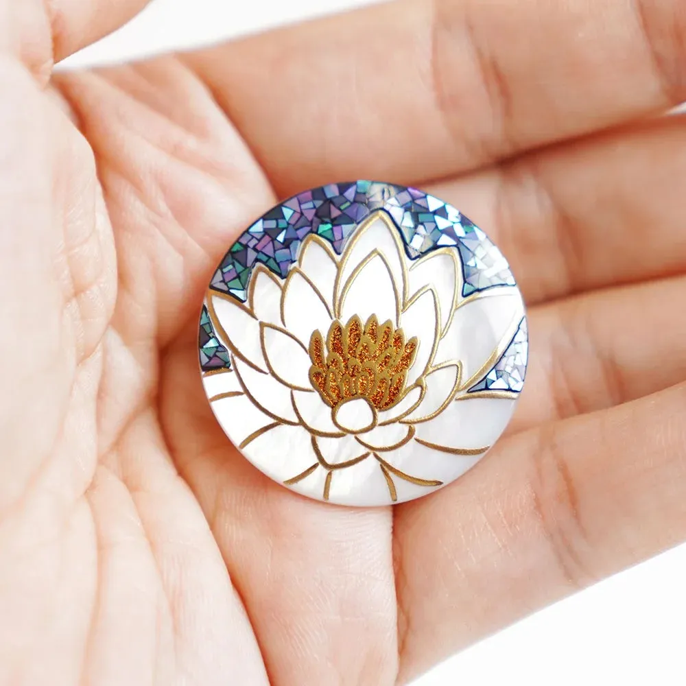 Maki-e Urushi Lacquer Brooch - White South Sea Pearl Shell / Water Lilies -, Traditional Japanese Urushi Lacquer Jewelry