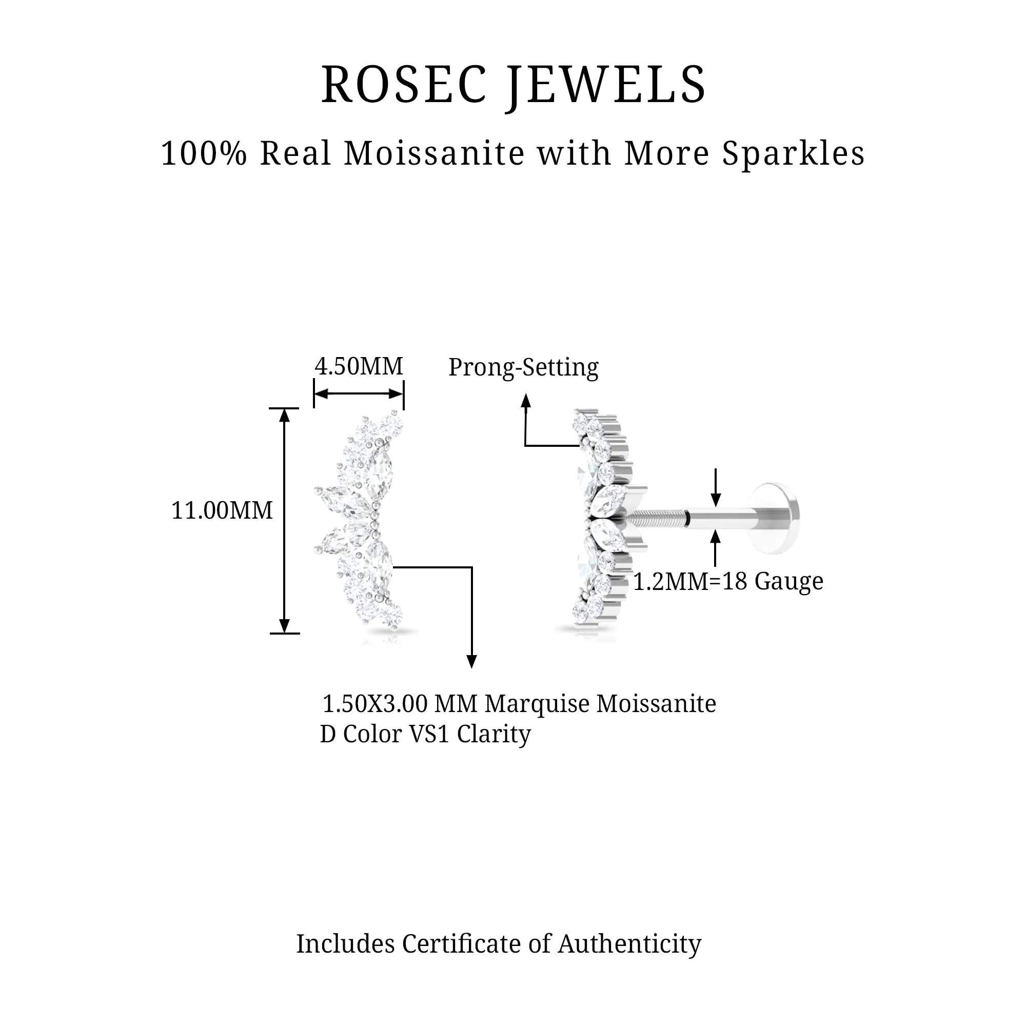 Marquise and Round Moissanite Unique Crawler Earring