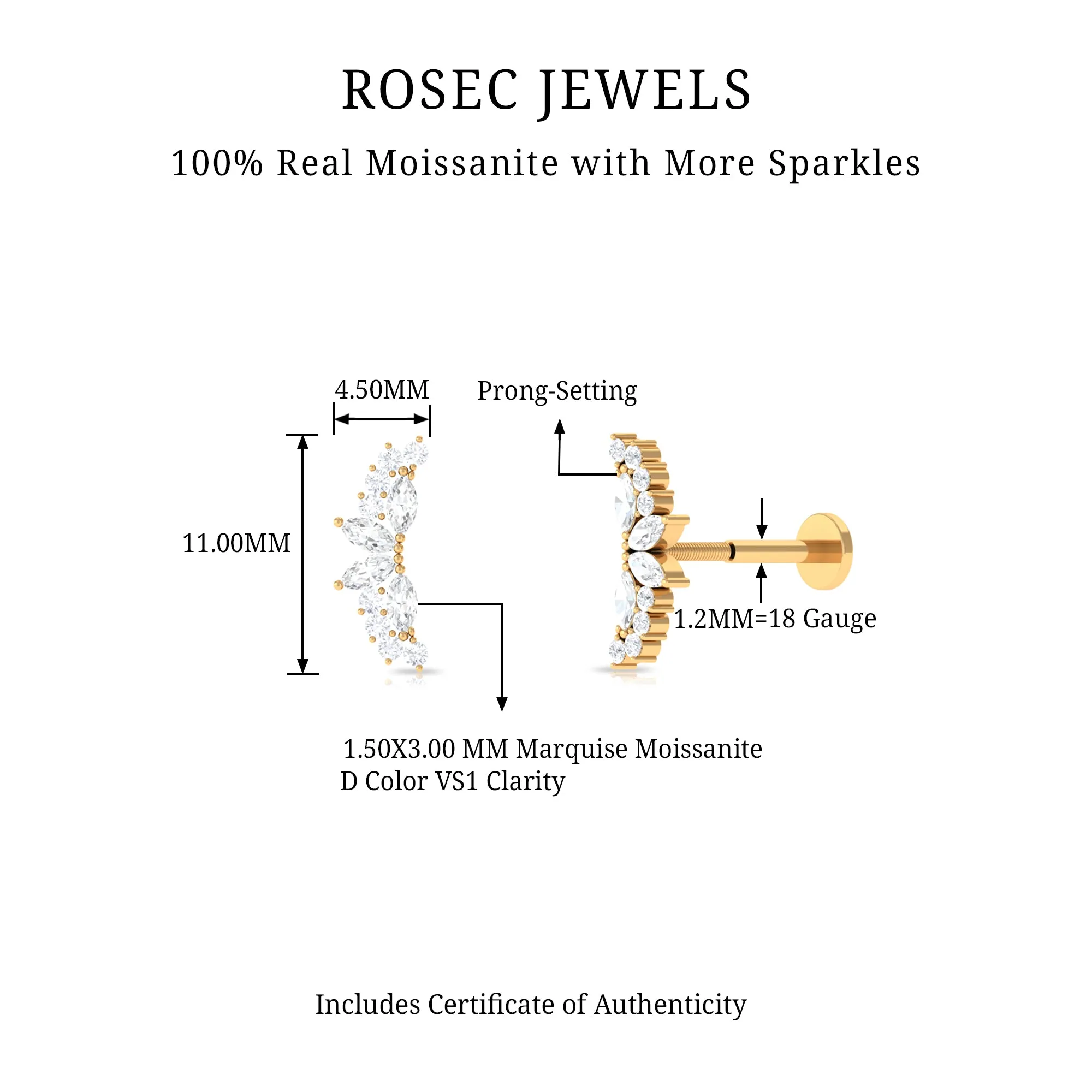 Marquise and Round Moissanite Unique Crawler Earring