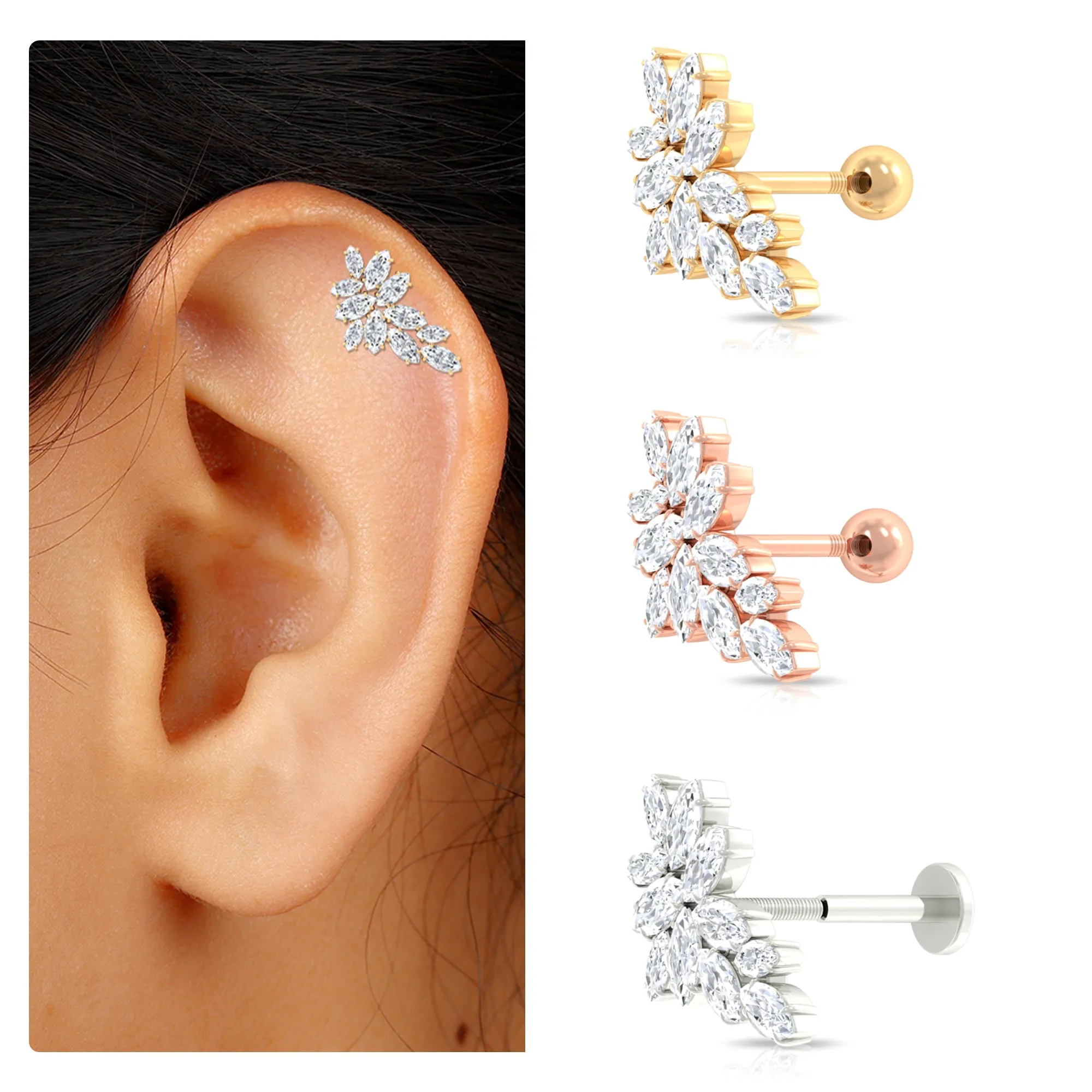 Marquise Moissanite Gold Leaf Earring for Cartilage Piercing