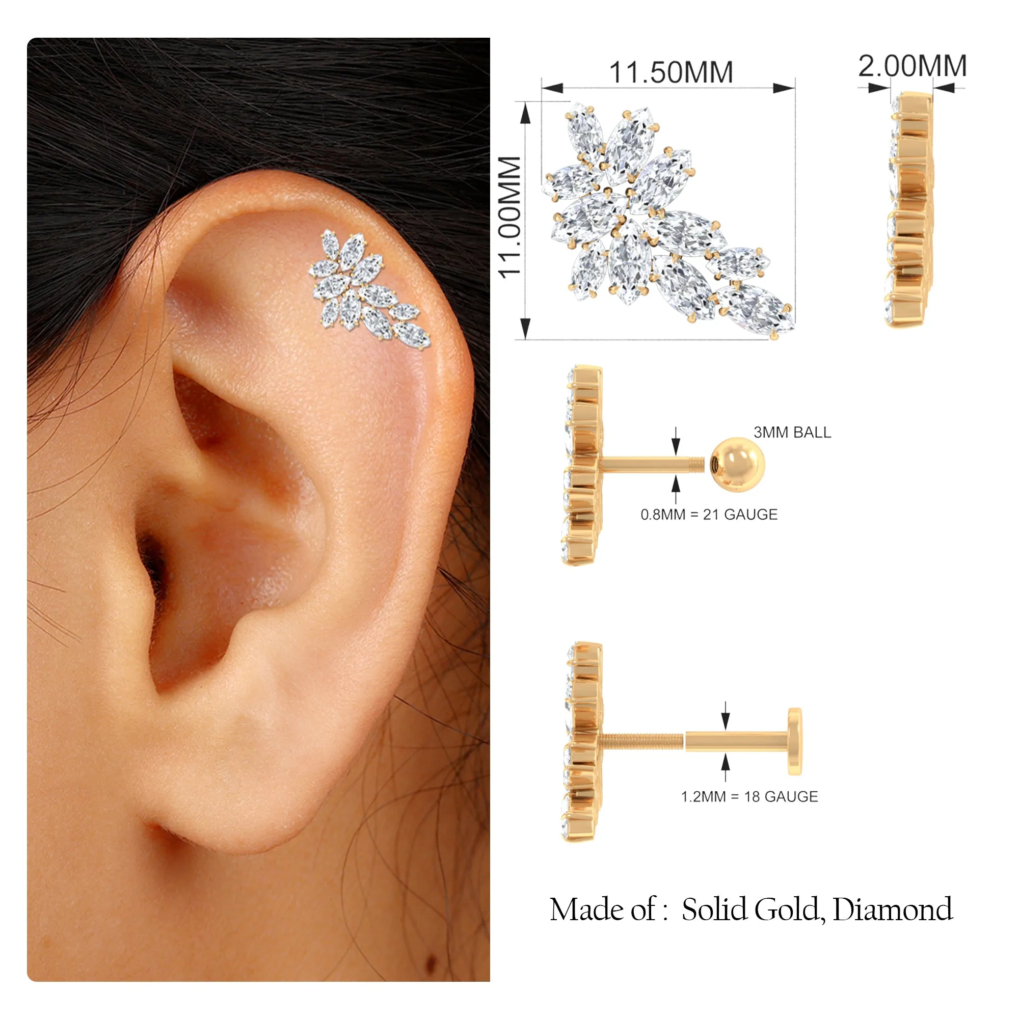 Marquise Moissanite Gold Leaf Earring for Cartilage Piercing