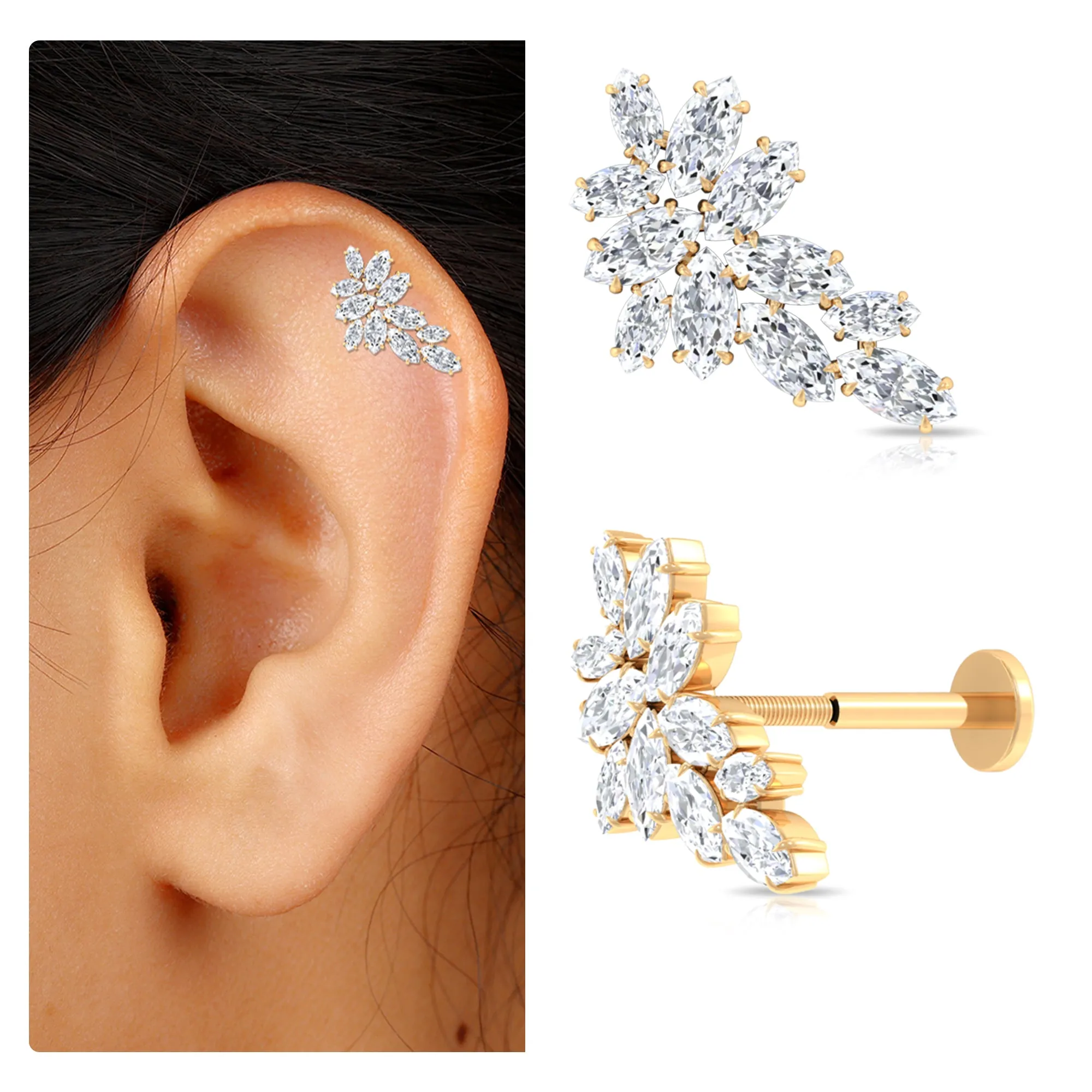 Marquise Moissanite Gold Leaf Earring for Cartilage Piercing