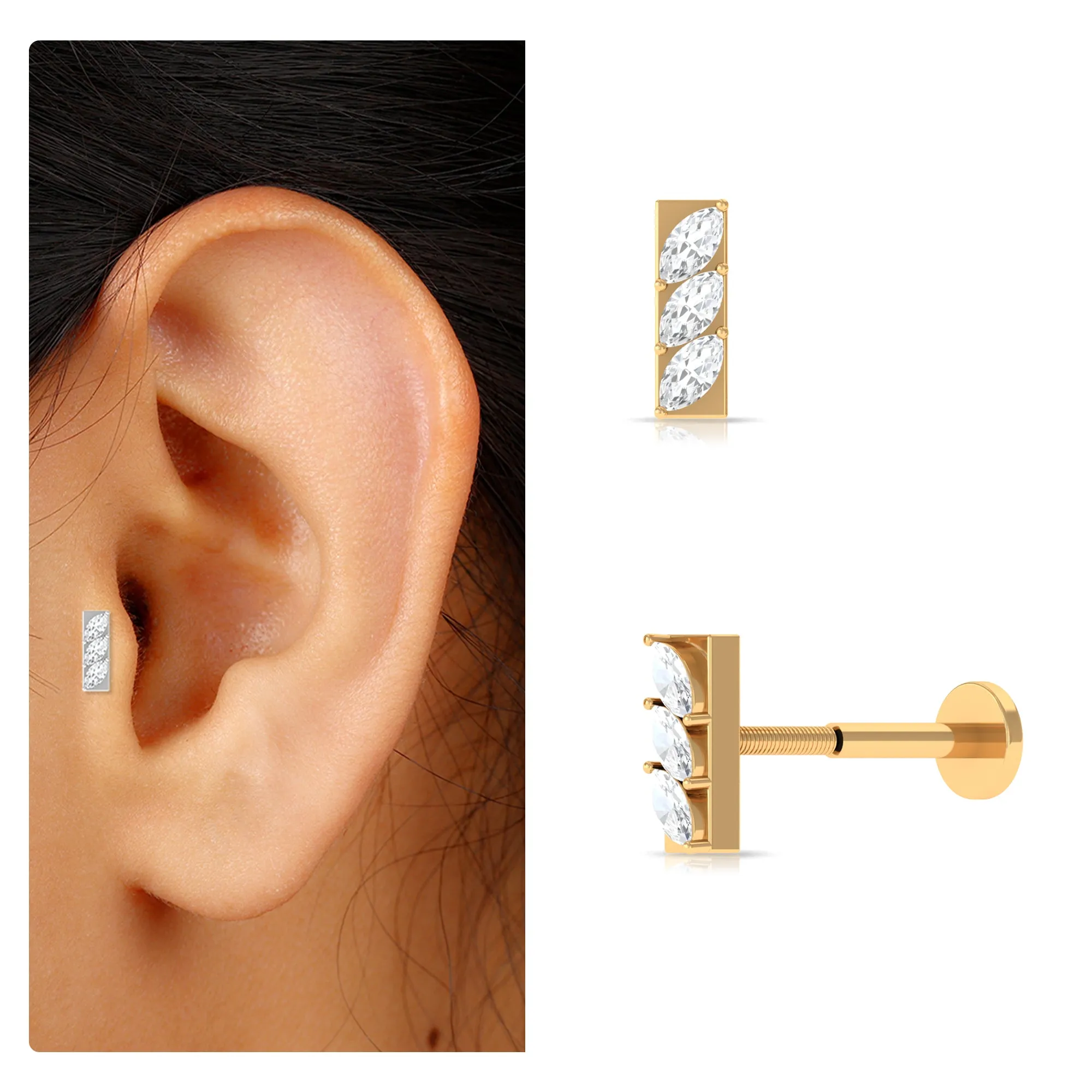 Marquise Moissanite Three Stone Bar Earring for Tragus Piercing
