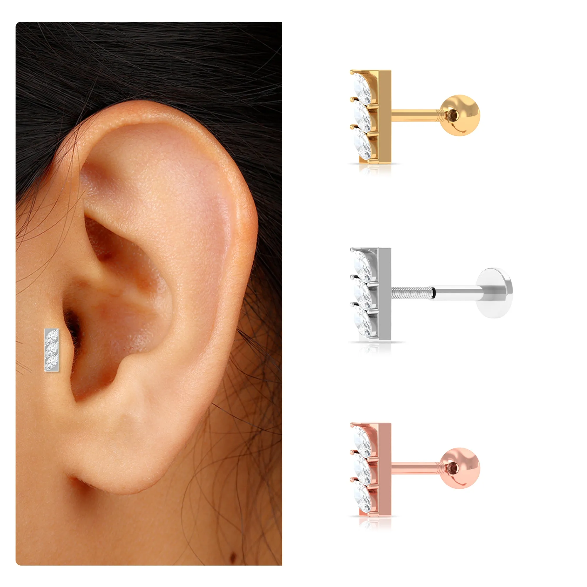 Marquise Moissanite Three Stone Bar Earring for Tragus Piercing