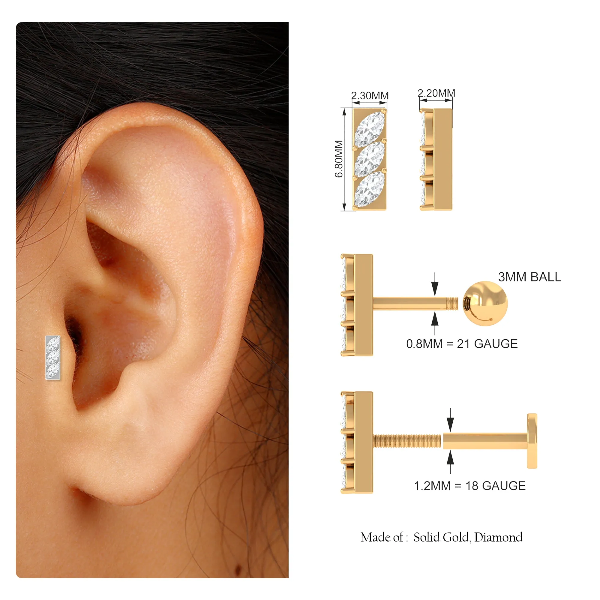 Marquise Moissanite Three Stone Bar Earring for Tragus Piercing