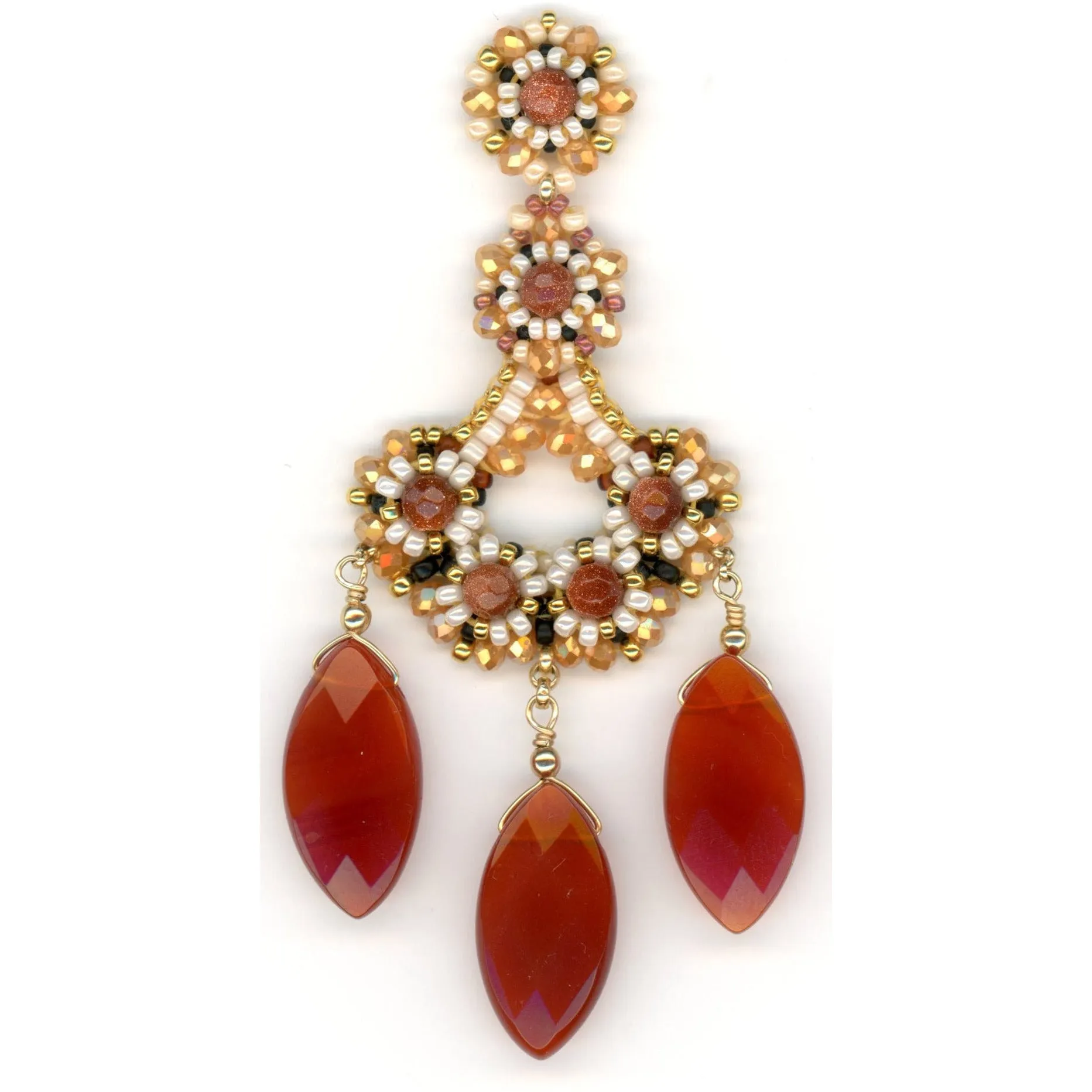 MIGUEL ASES 3 DROP CARNELIAN BEADED EARRINGS