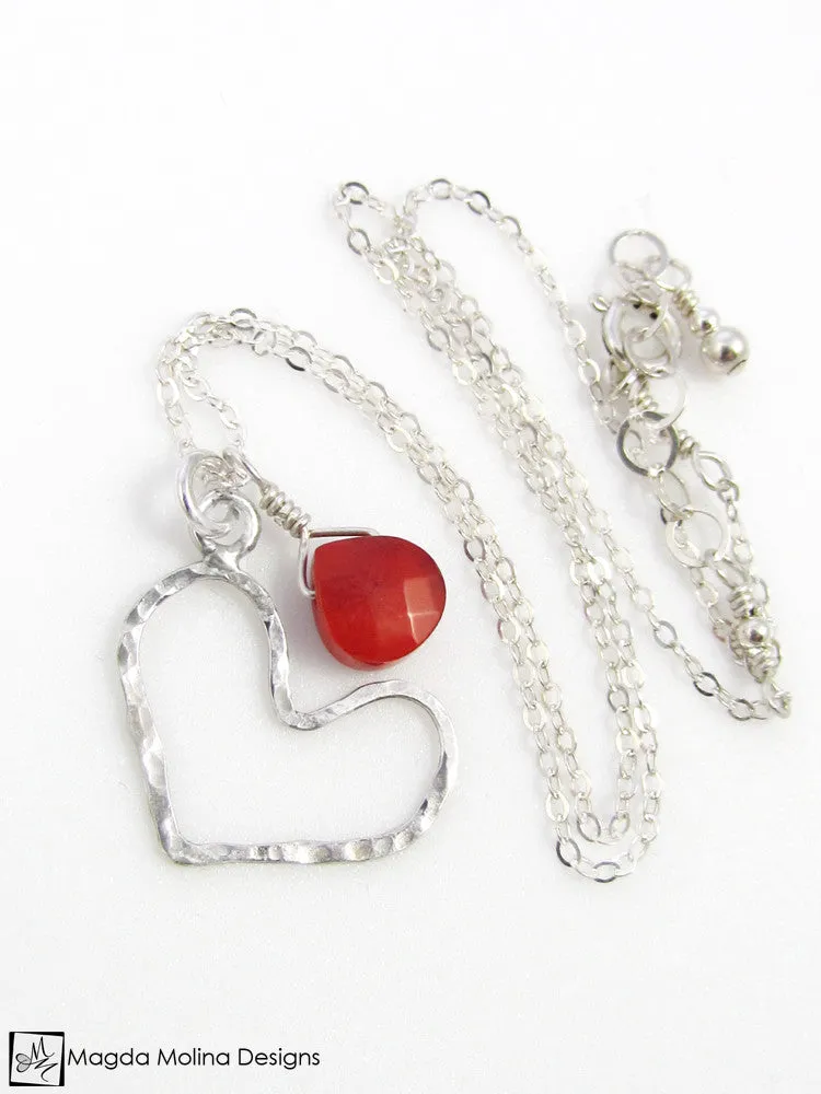 Mini Goddess (children) Red Coral And Delicate Hammered Silver Heart Necklace