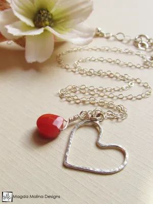 Mini Goddess (children) Red Coral And Delicate Hammered Silver Heart Necklace