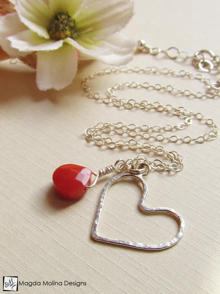 Mini Goddess (children) Red Coral And Delicate Hammered Silver Heart Necklace