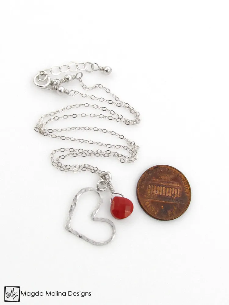 Mini Goddess (children) Red Coral And Delicate Hammered Silver Heart Necklace