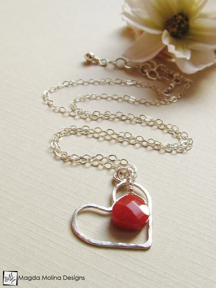 Mini Goddess (children) Red Coral And Delicate Hammered Silver Heart Necklace