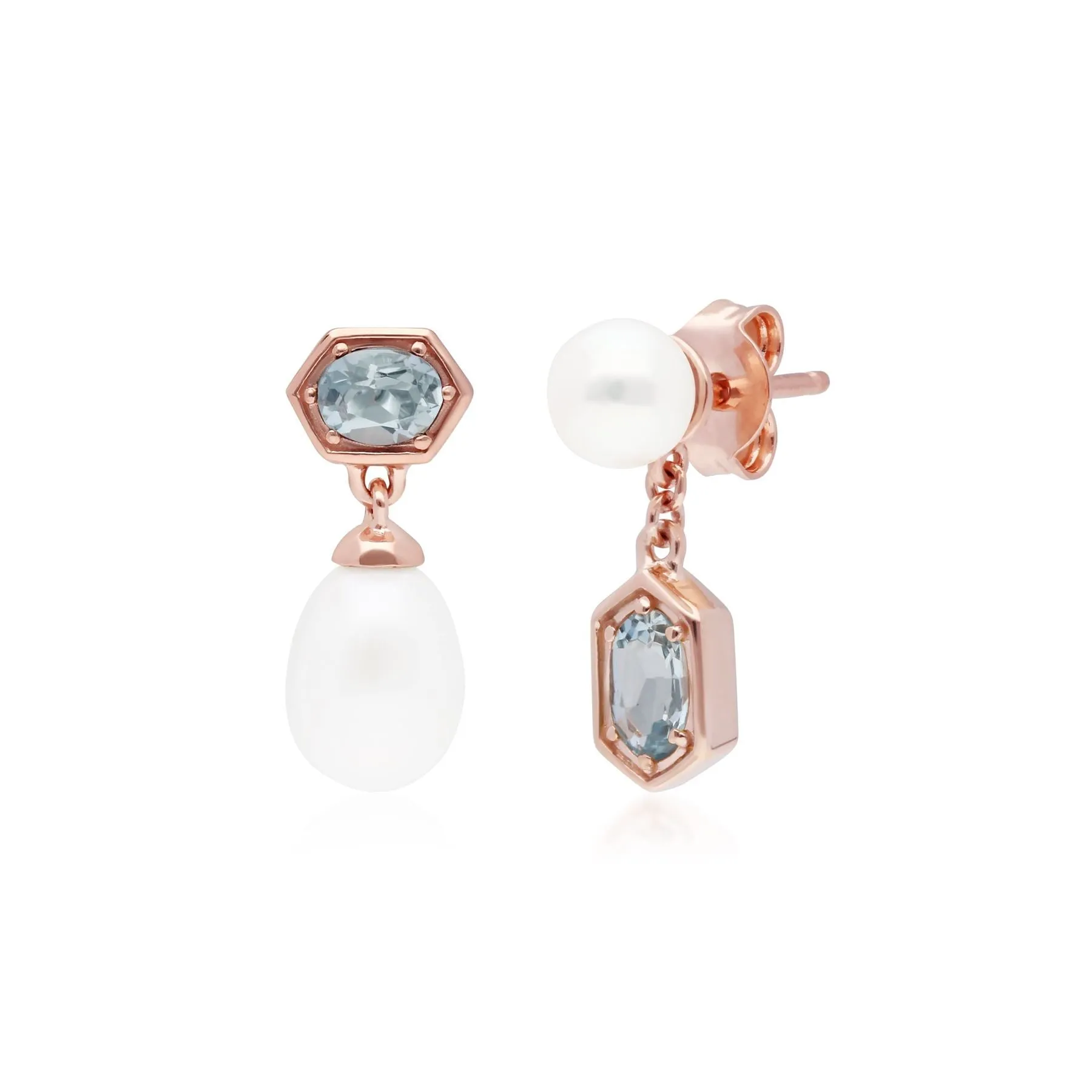 Moderne Perle & Aquamarin Asymmetrische Tropfen Ohrringe in Rose Vergoldetem Sterling Silber
