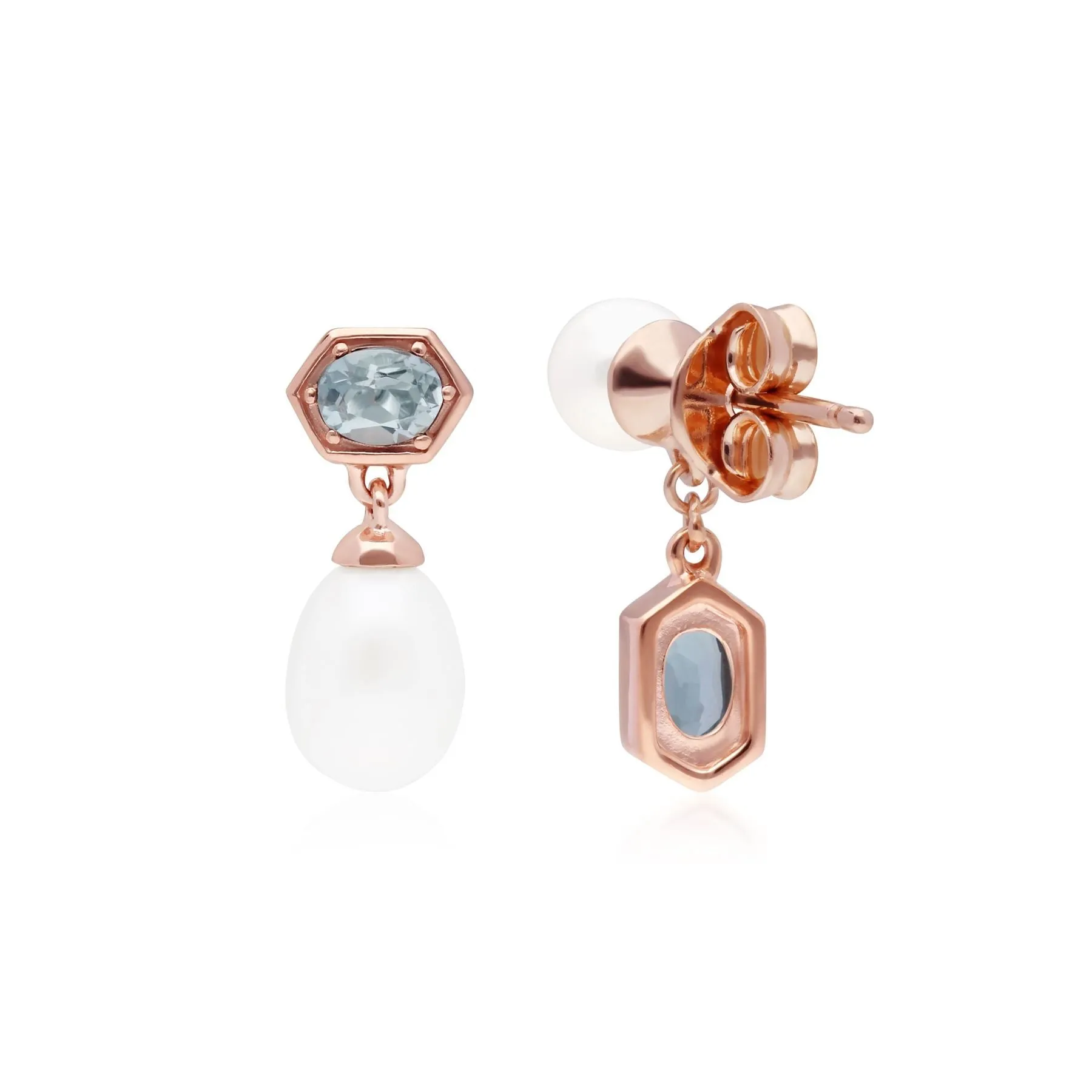 Moderne Perle & Aquamarin Asymmetrische Tropfen Ohrringe in Rose Vergoldetem Sterling Silber
