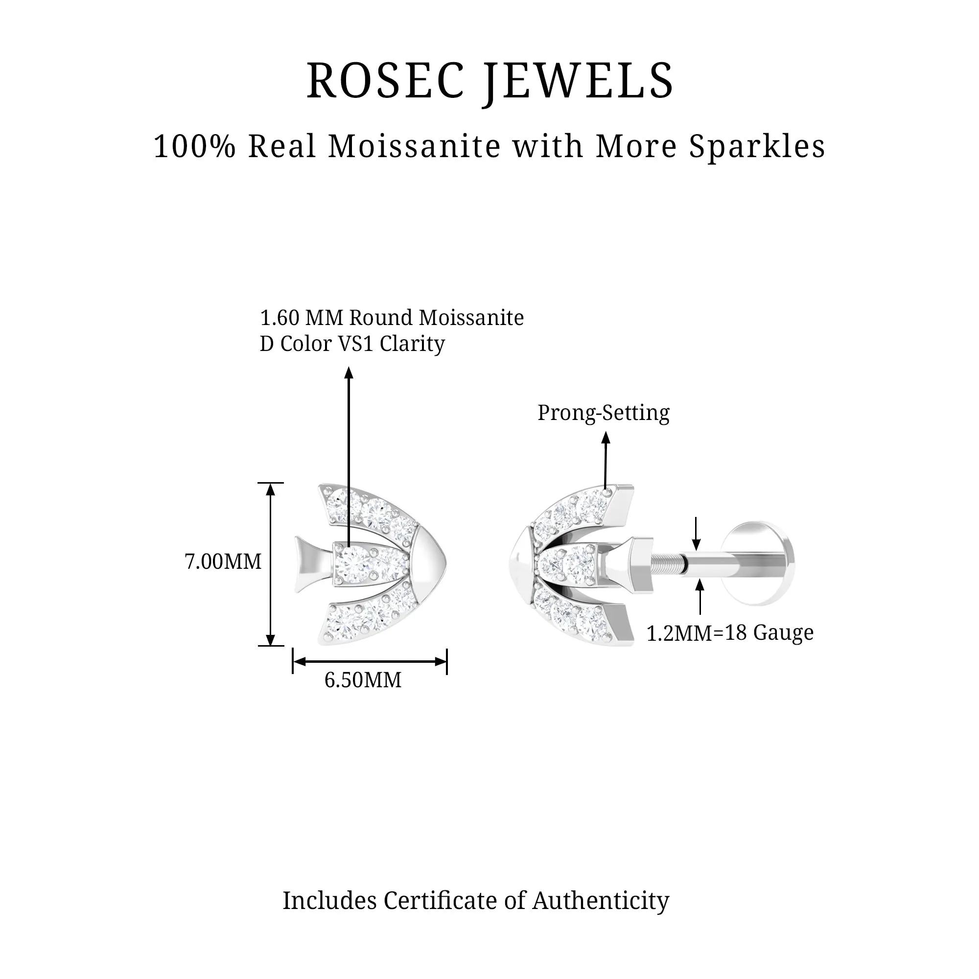 Moissanite Fish Cartilage Earring in Gold