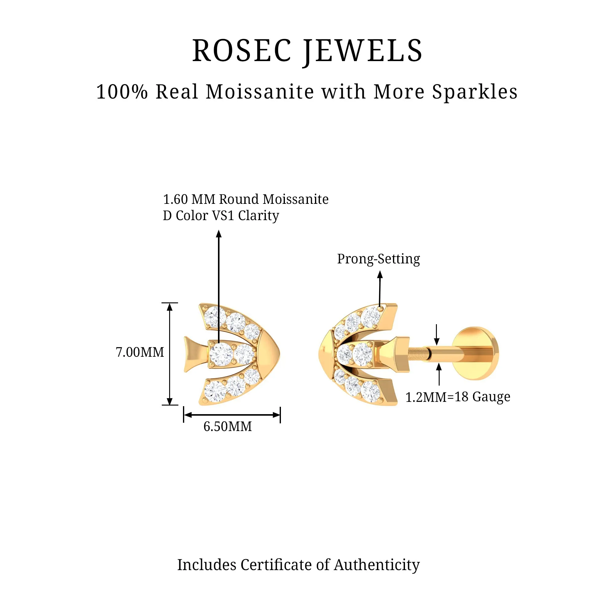 Moissanite Fish Cartilage Earring in Gold