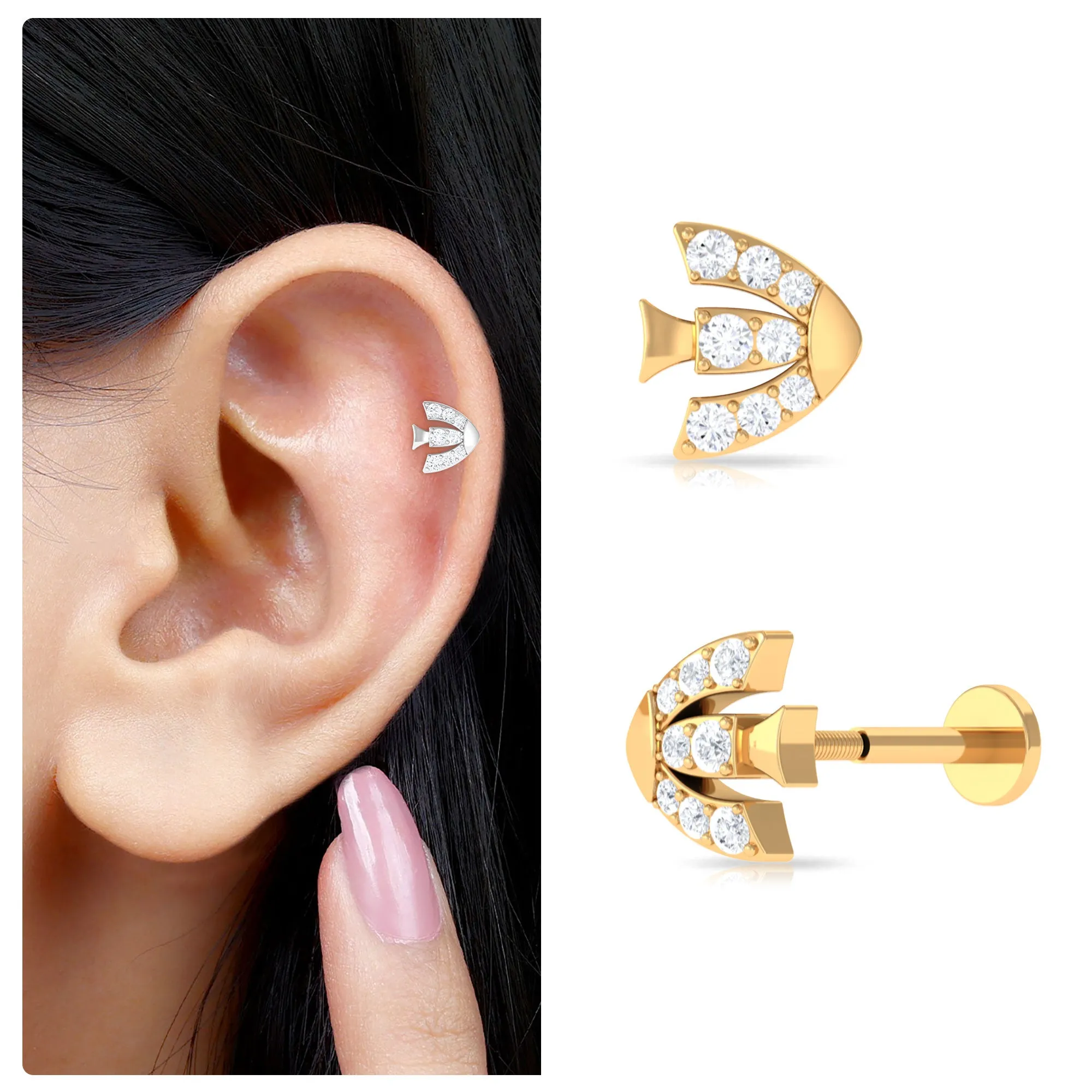 Moissanite Fish Cartilage Earring in Gold