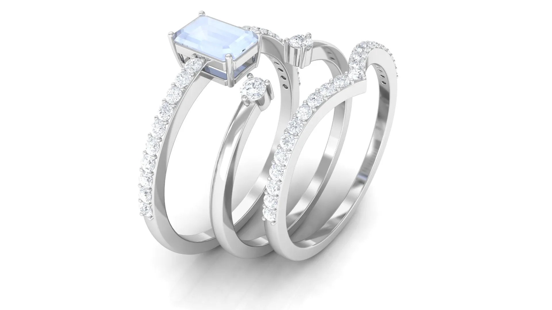 Natural Moonstone and Diamond Stackable Ring Set
