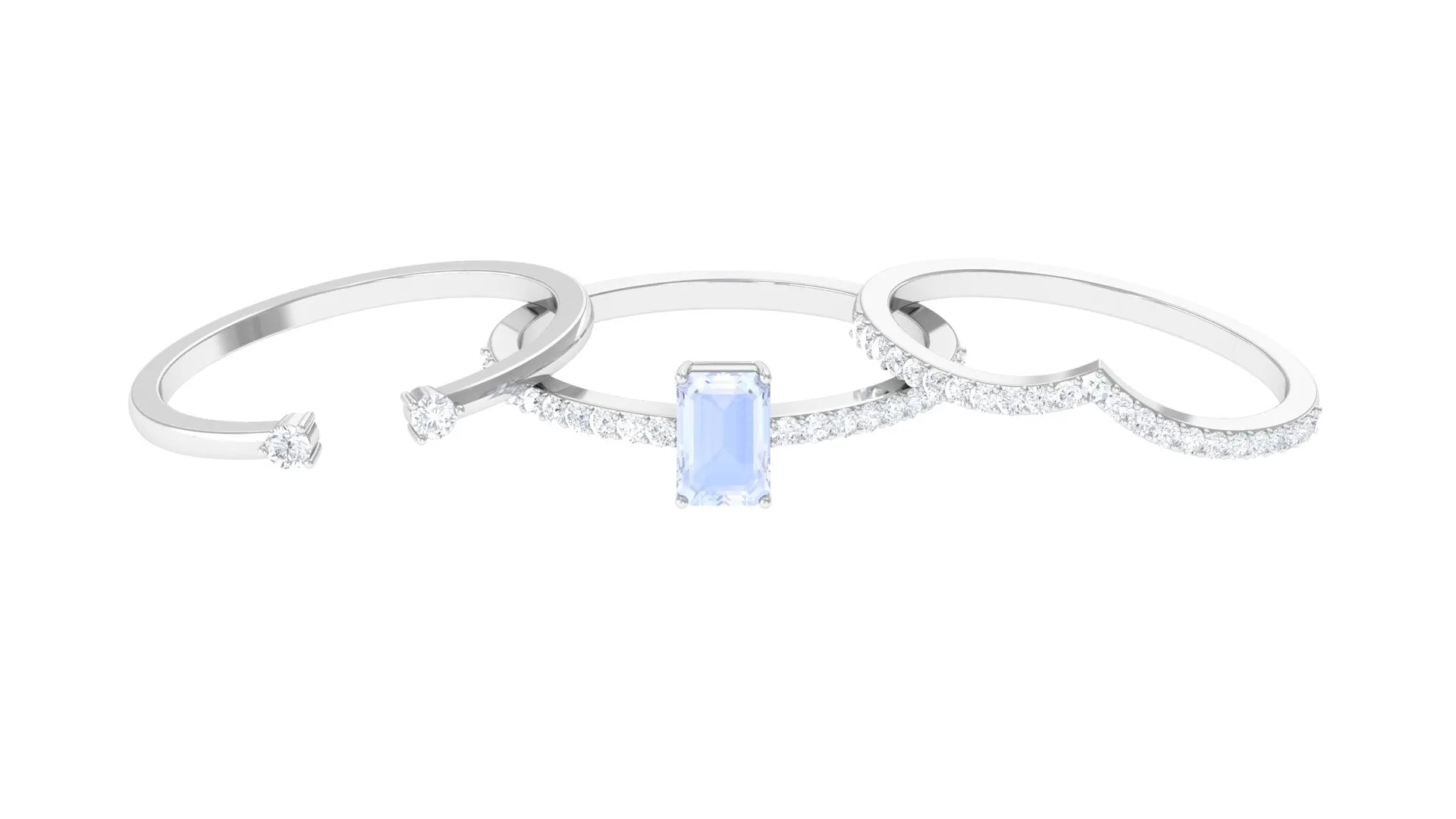 Natural Moonstone and Diamond Stackable Ring Set