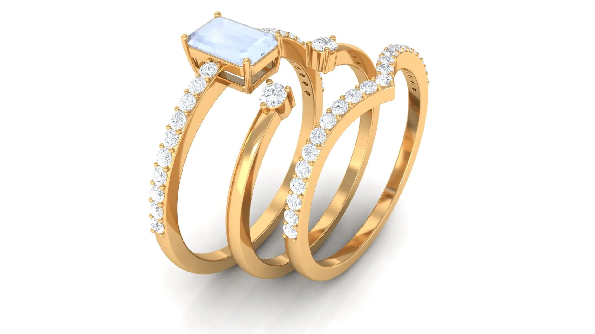 Natural Moonstone and Diamond Stackable Ring Set
