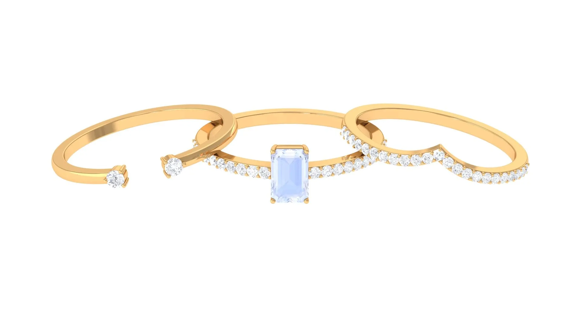 Natural Moonstone and Diamond Stackable Ring Set
