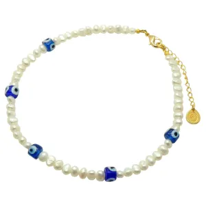 Ocean Blues Glass Evil Eye Rondelle Charms Freshwater Pearl Choker