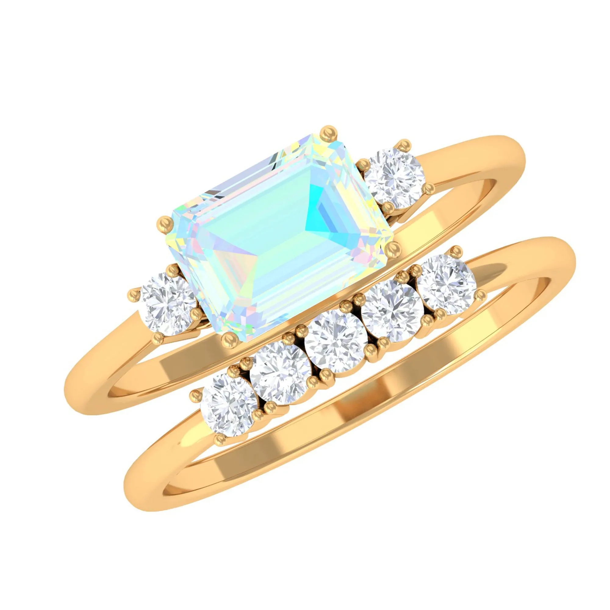 Octagon Cut Ethiopian Opal Contemporary Wedding Ring Set with Diamond