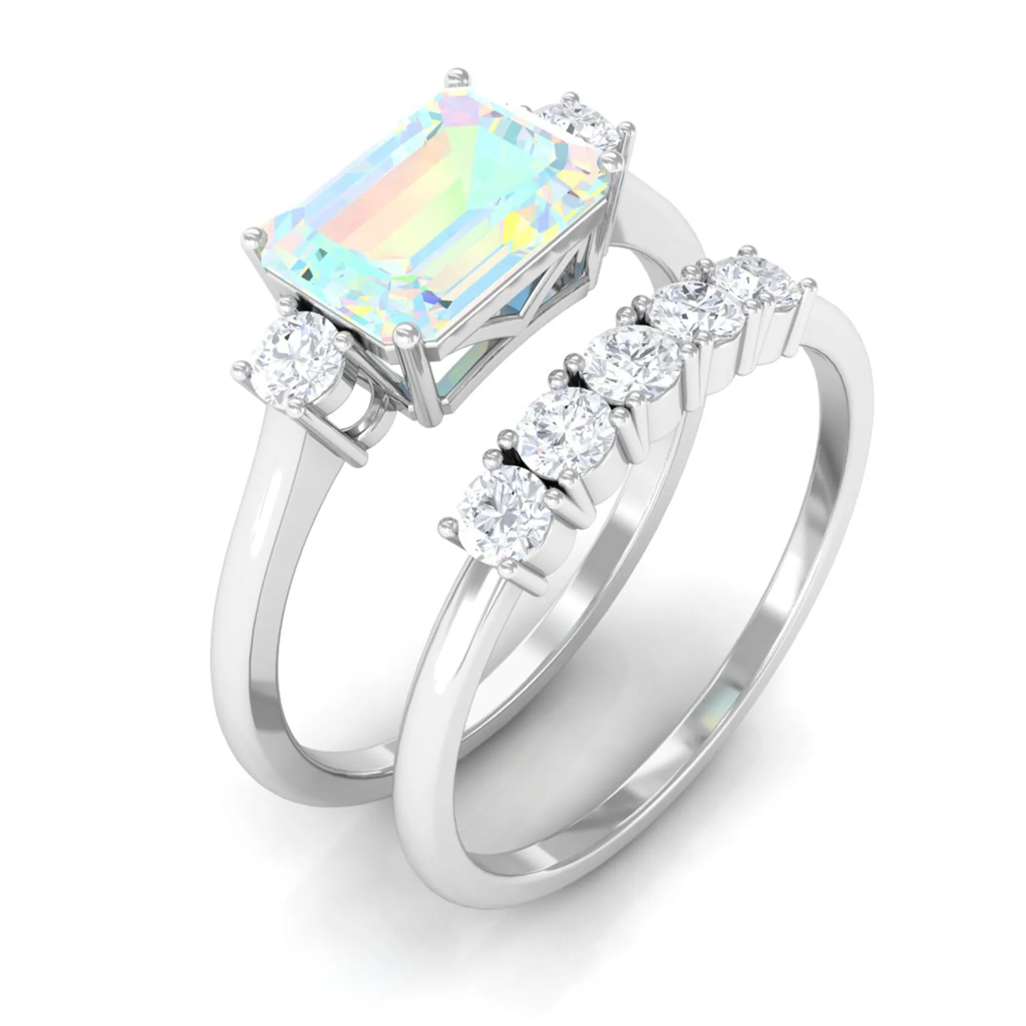 Octagon Cut Ethiopian Opal Contemporary Wedding Ring Set with Diamond
