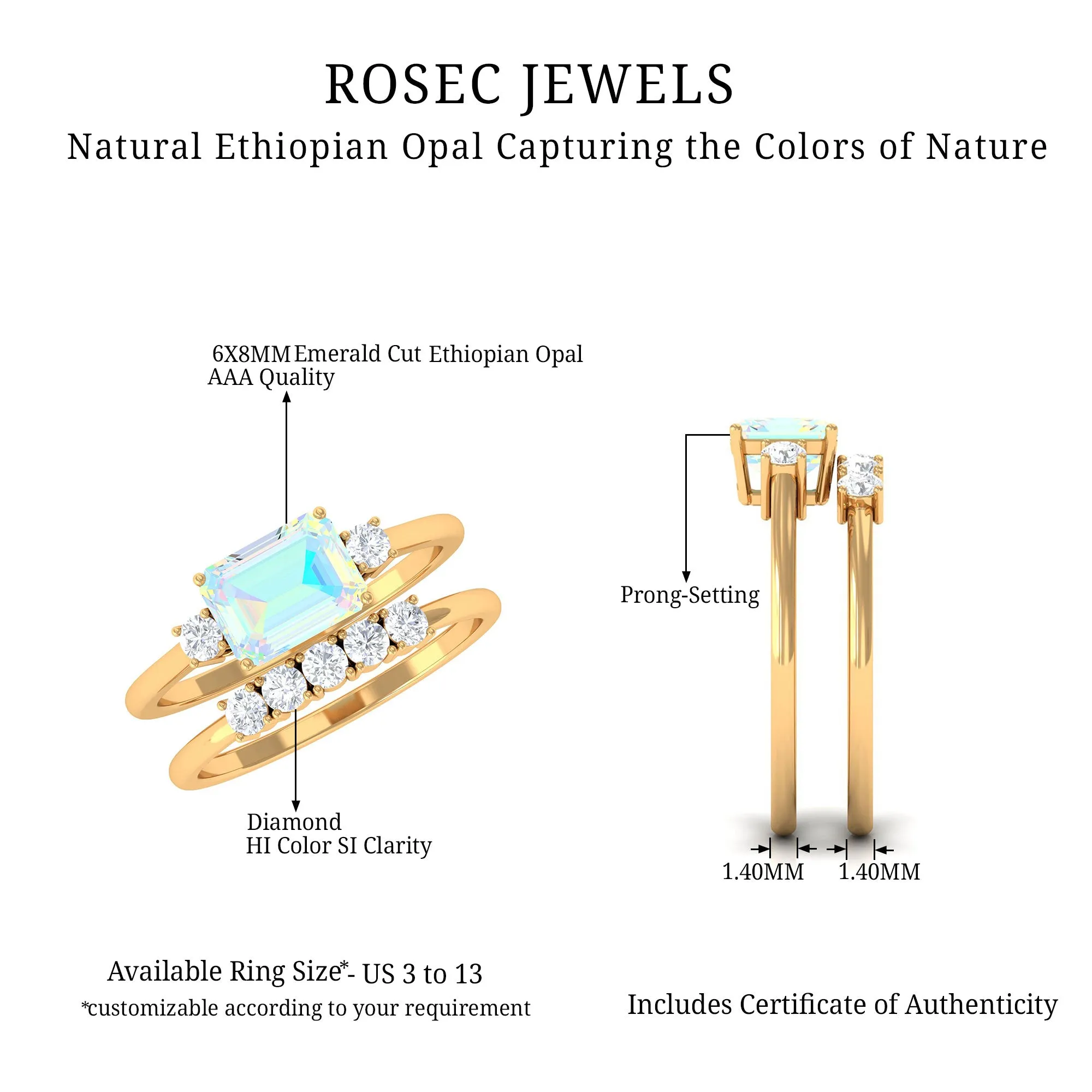 Octagon Cut Ethiopian Opal Contemporary Wedding Ring Set with Diamond