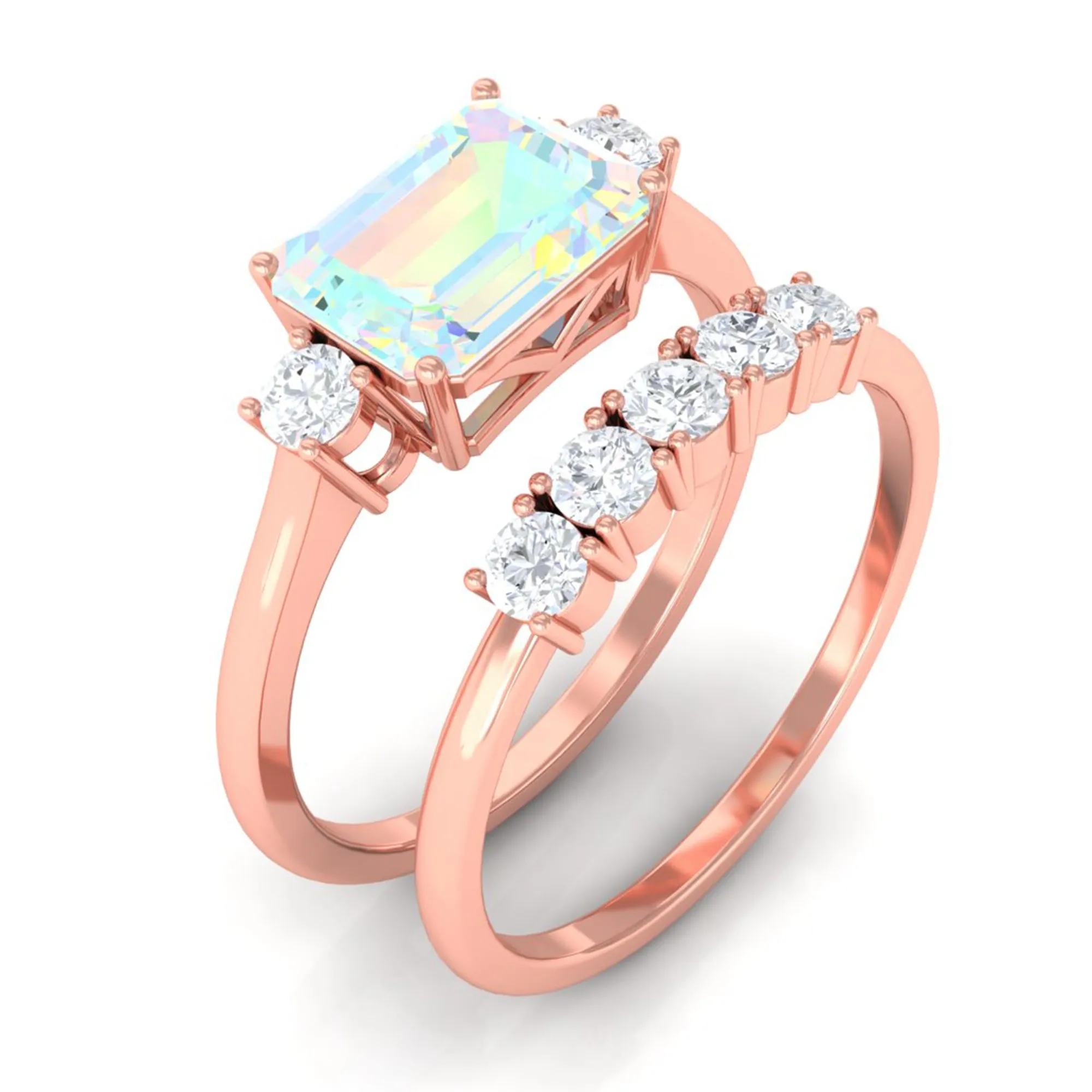 Octagon Cut Ethiopian Opal Contemporary Wedding Ring Set with Diamond