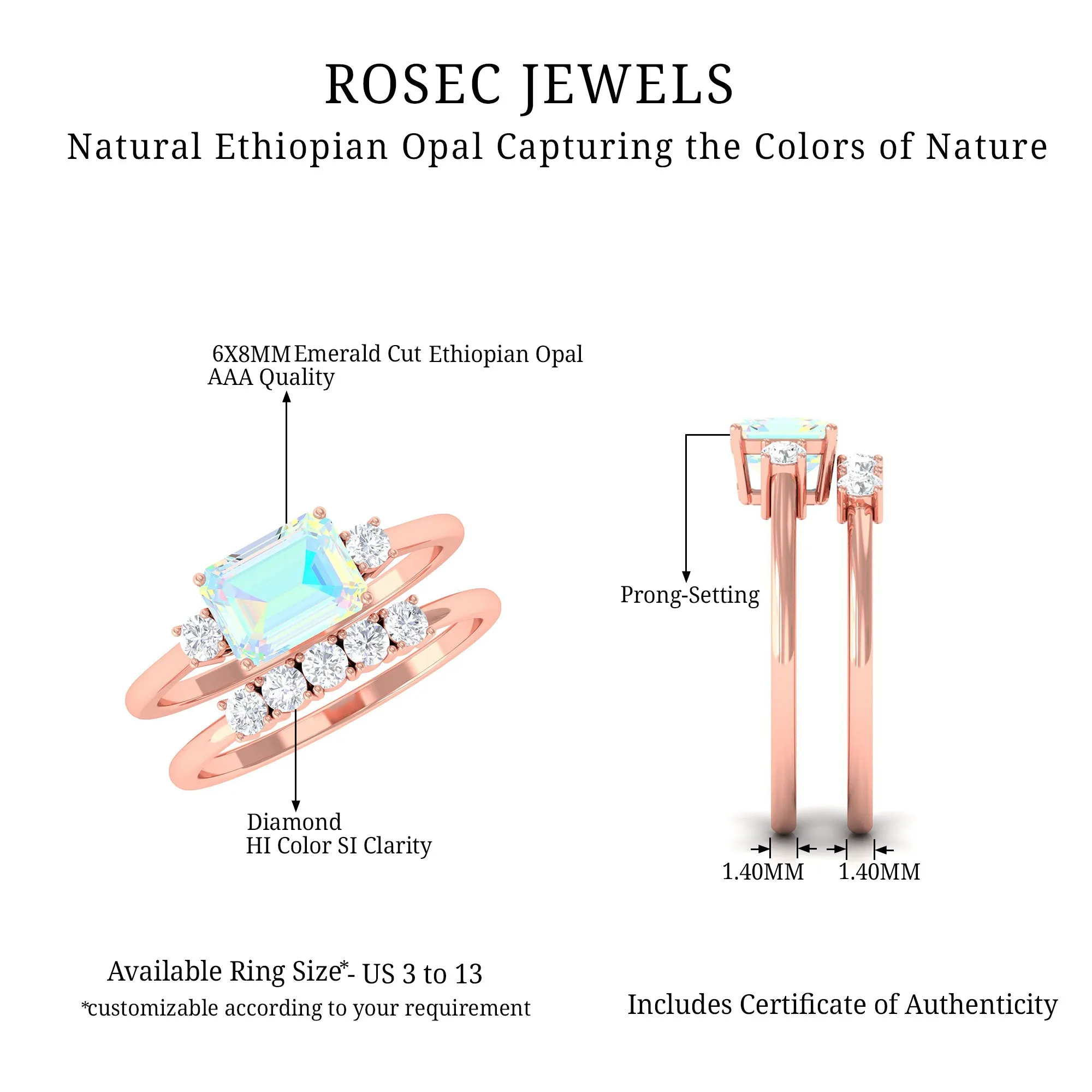 Octagon Cut Ethiopian Opal Contemporary Wedding Ring Set with Diamond