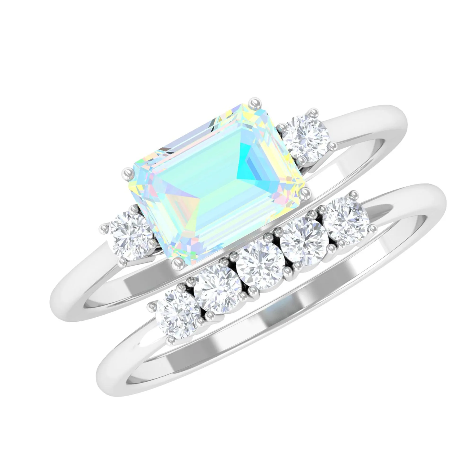 Octagon Cut Ethiopian Opal Contemporary Wedding Ring Set with Diamond